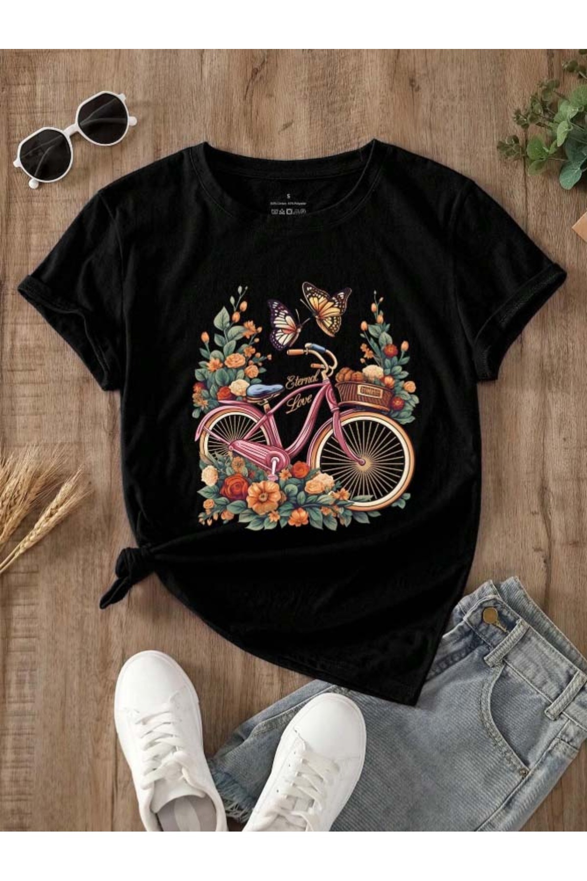 Trend Sizde Unisex bicikl sa crnim cvećem Štampano okrugla kragna T-shirt