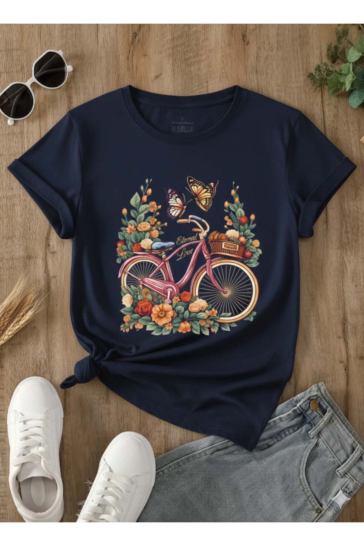 Trend Sizde Bicicletă unisex cu flori albastru marin cu imprimeu guler rotund...