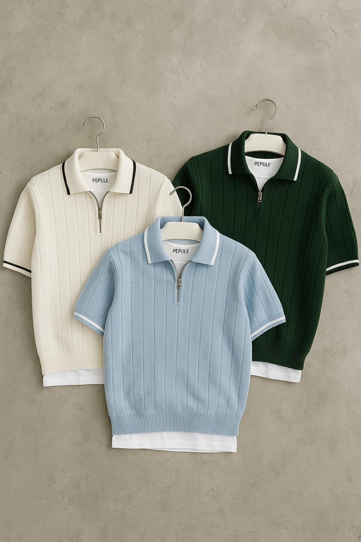 pepule  Erkek 3'lü SİYAH BEYAZ BEJ Polo Yaka Triko Dokulu yarım fermuarlı Regular Pamuklu Çok Renkli T-shirt