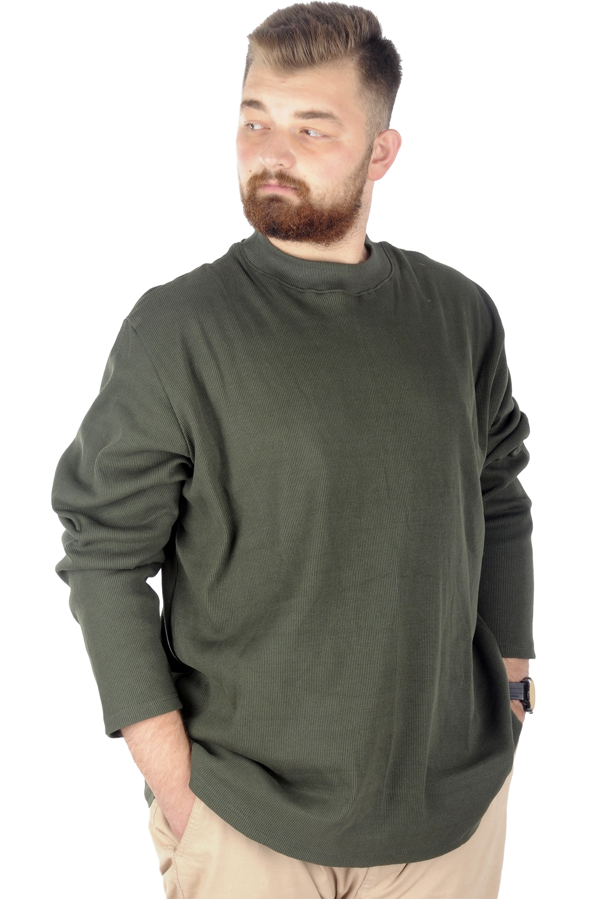 ModeXL Mode XL Büyük Beden Uzun Kol Yarım Balıkçı Kazak 22558 Haki görsel 3