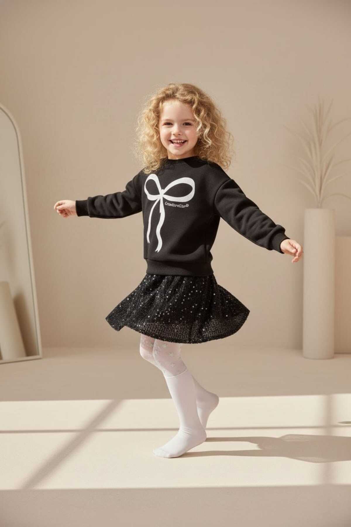 Girls Premium Black Sequins Stylish Luxury Sweatshirt Set with Stretchy Skirt
