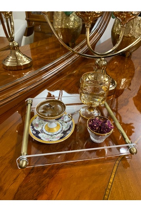 Tanrıkulu Design Boru Kulp Pleksi Tepsi/Kahve-Çay Sunum Tepsisi (Eskitme Gold)