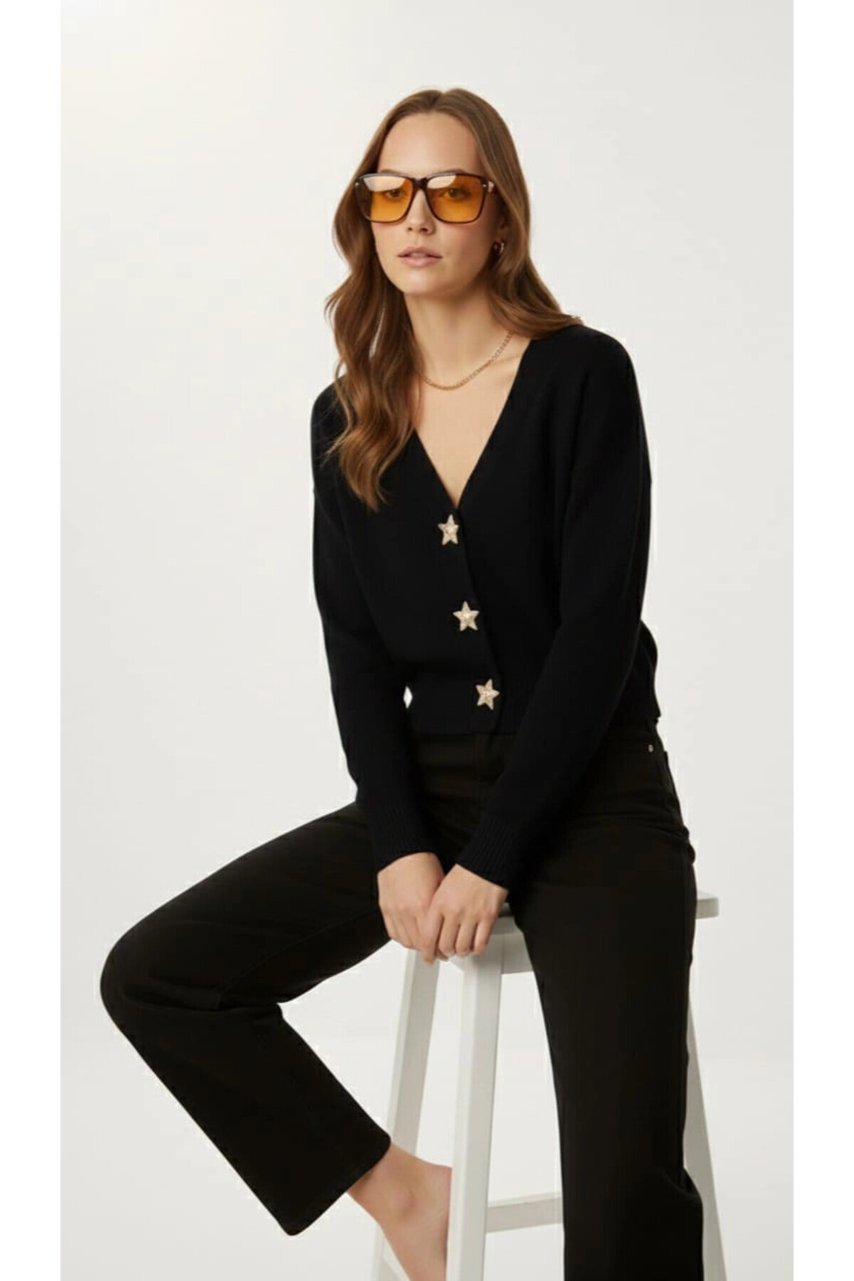 Cool & Sexy  Kadın Yıldız Düğme Detaylı Triko Hırka - Görsel 3