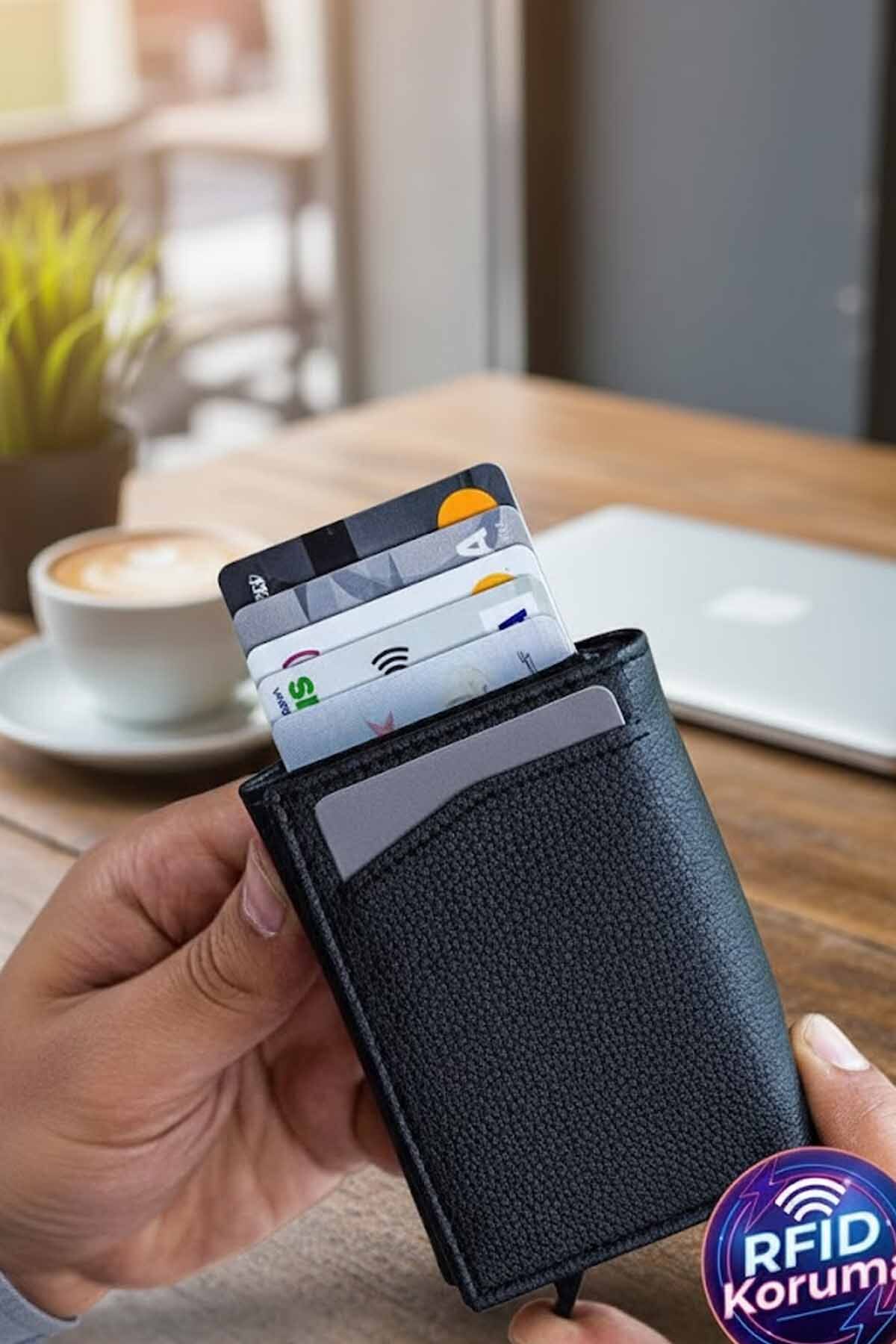 vynor atelier Siyah RFID Korumalı Mekanizmalı Kartlık Cüzdan - Otomatik Mekanizmalı Cüzdan görsel 4