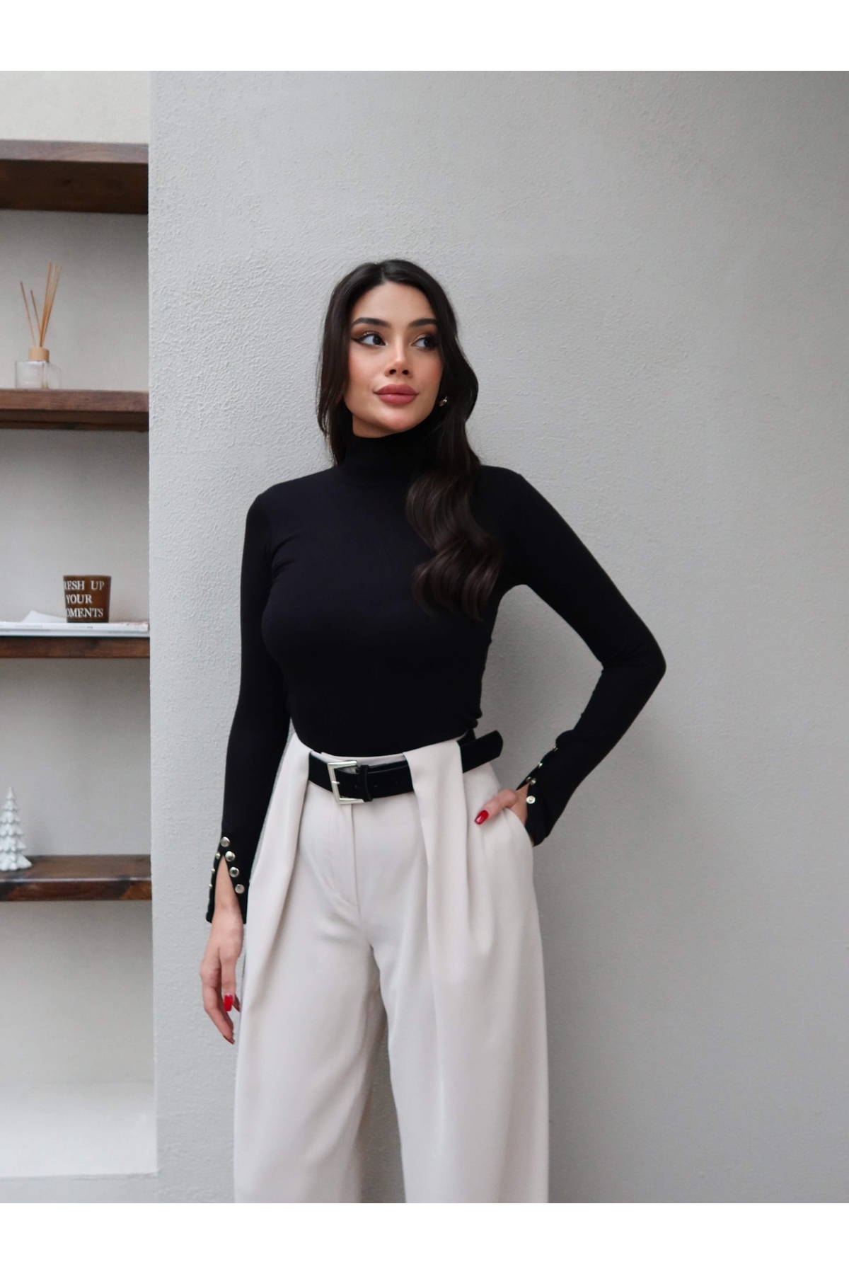 ESRAHELVACI  Köprü Detaylı Kemerli Palazzo Pantolon - Görsel 4