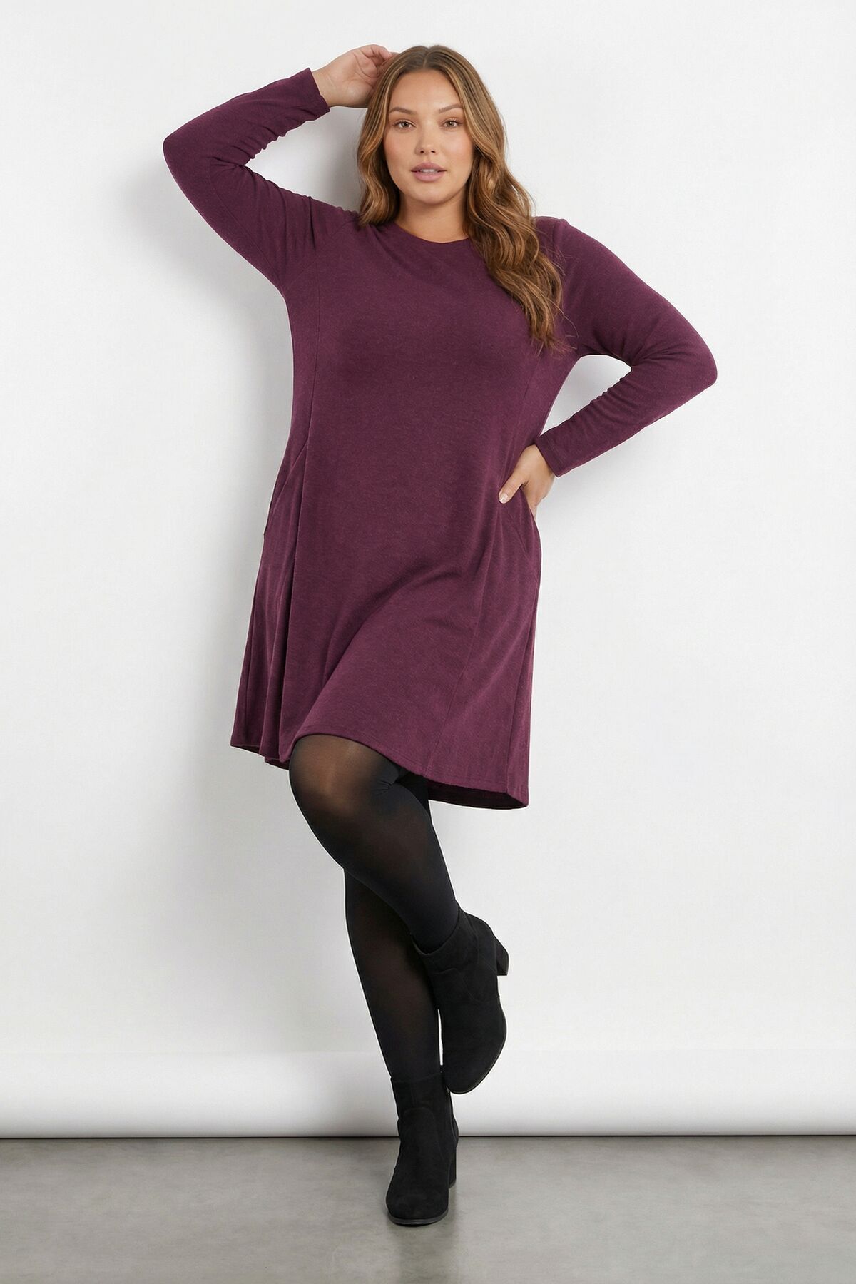 Stil Diva Büyük Beden Bisiklet Yaka Soft Touch Cepli Tunik Likralı Mor Elbise 285078