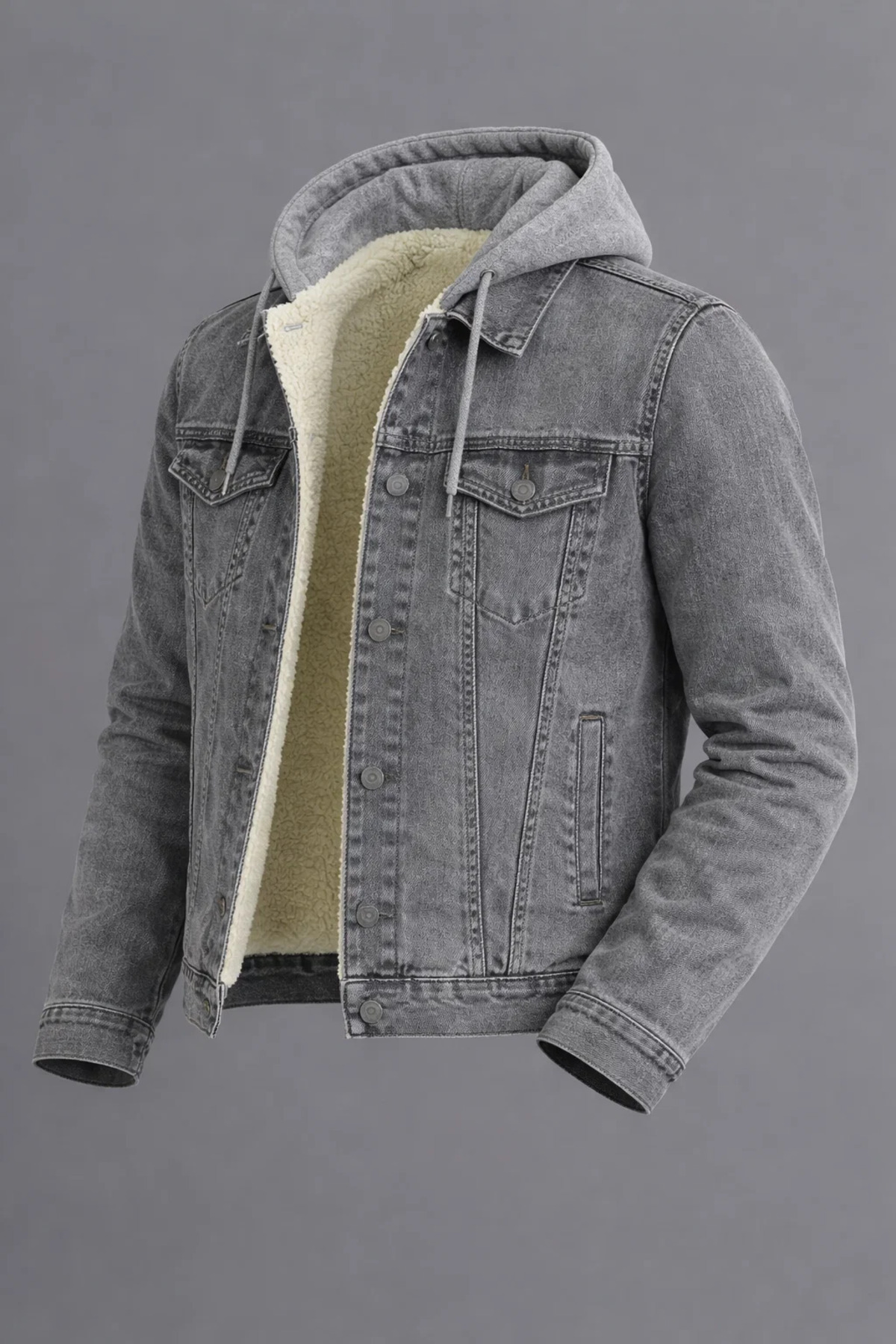 DAMGA JEANS Erkek Kürklü Oversize Gri Kapşonlu Kot Mont görsel 4