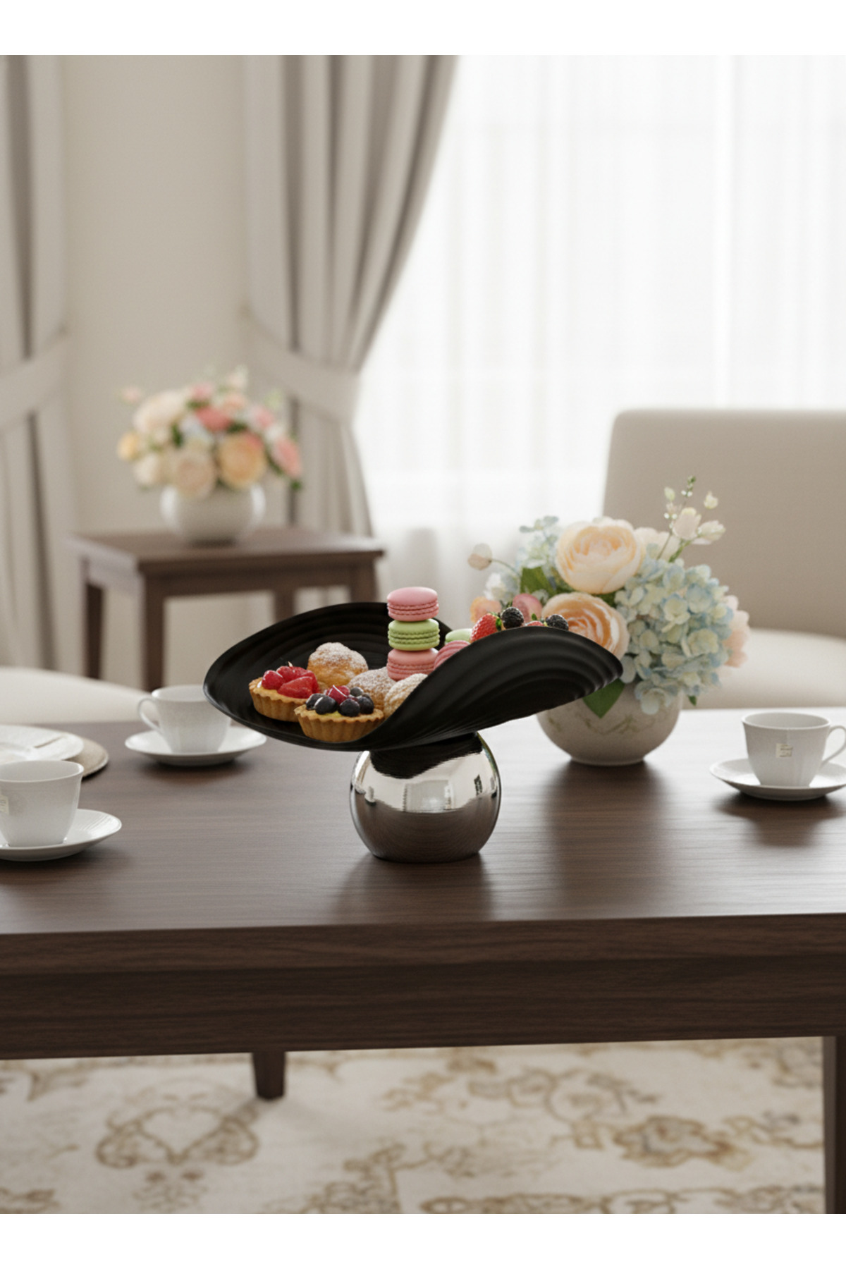 طبق تقديم حلوى معدني، قاعدة كروية فضية، ارتفاع 18...