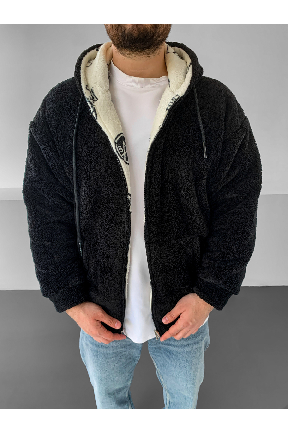 Çift Taraflı Kalın Kapüşonlu Ovesize Peluş Mont — سفید MNT-6146 — تصویر 6 از 7