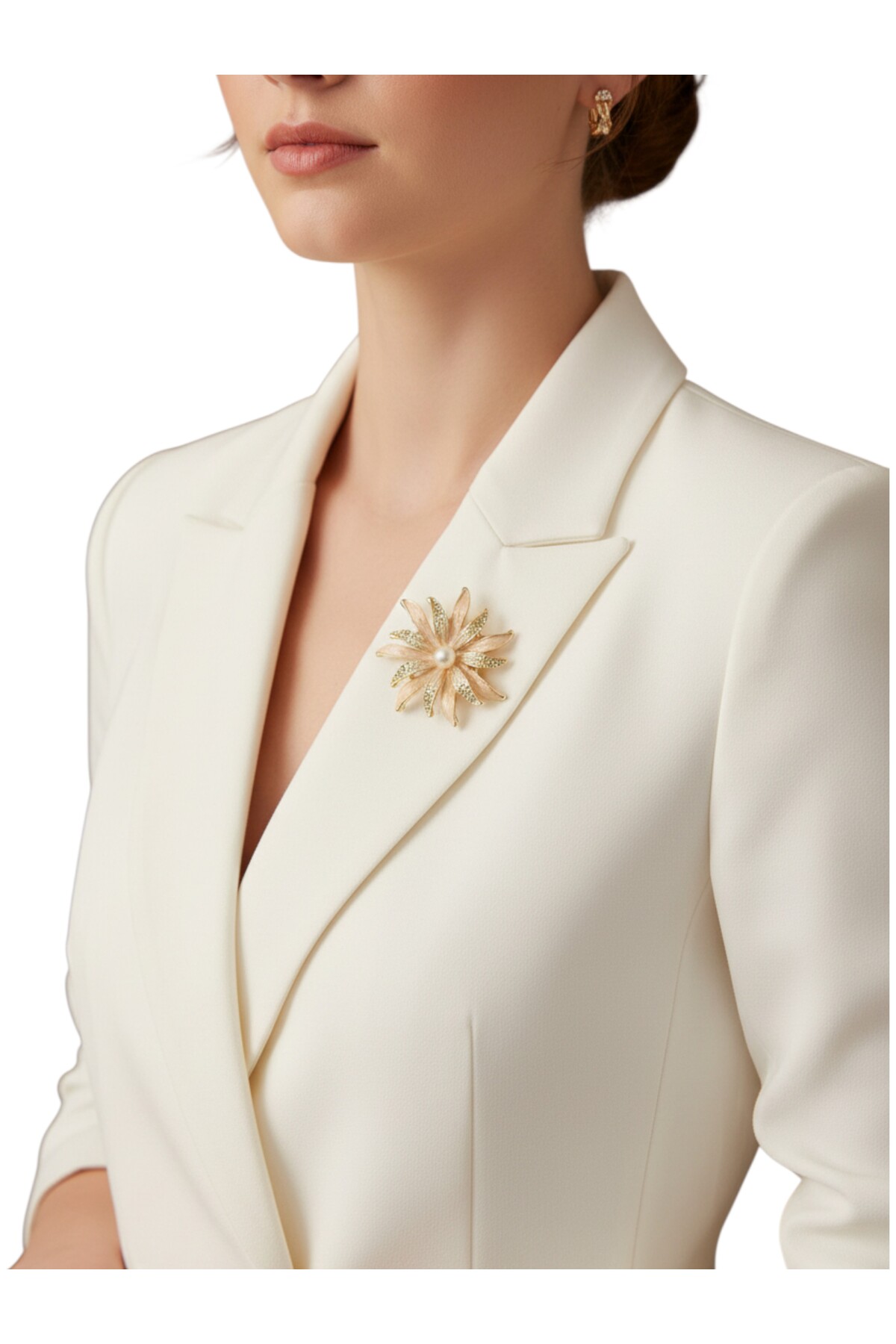 Stone and Pearl Detailed Handcrafted Flower Brooch - Color Cream - Size : 5 cm