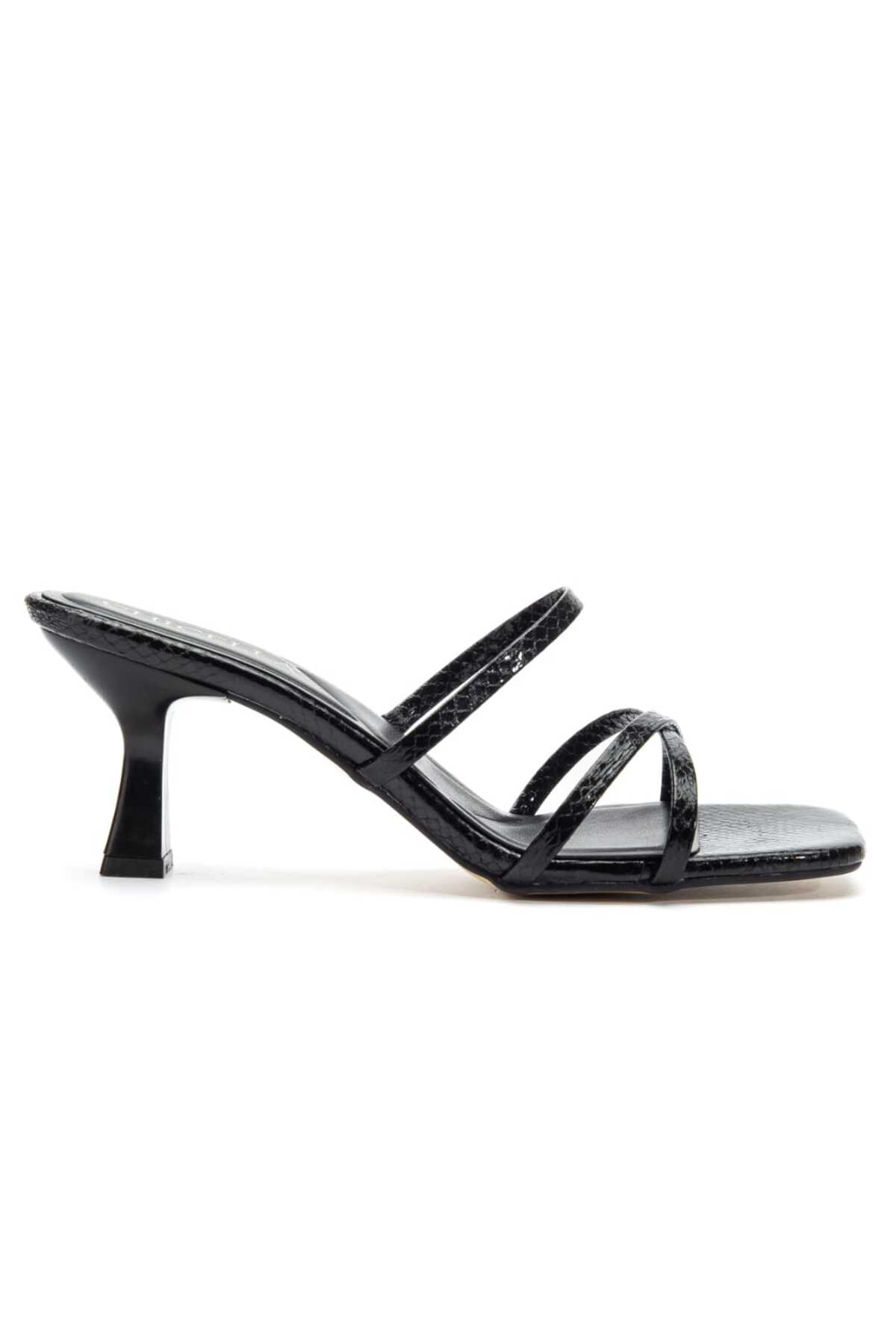 Larin Black Patterned Women's Short Heel Slippers