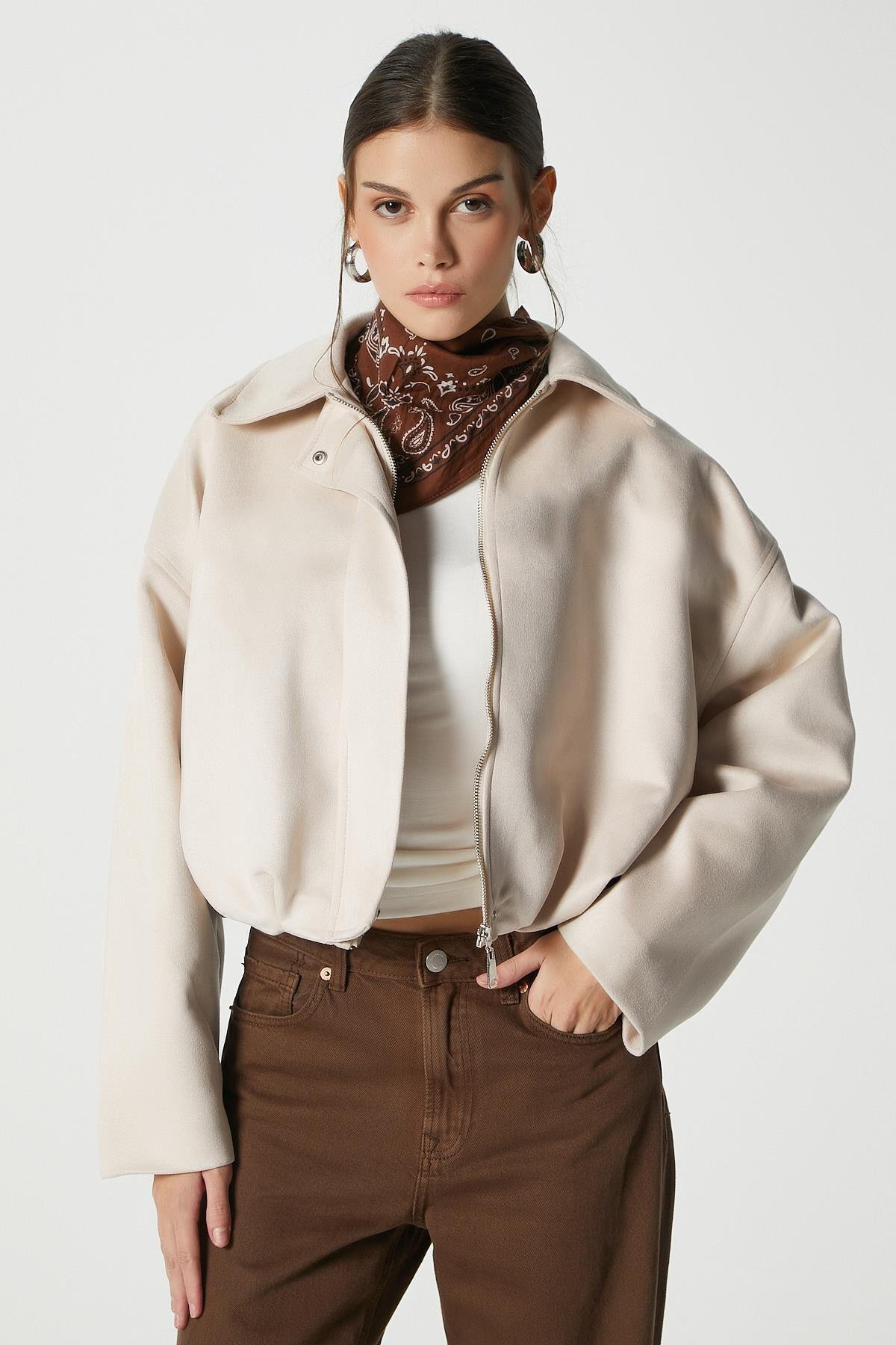 ESLENTA  Oversize Kadın Bomber Süet Deri Ceket