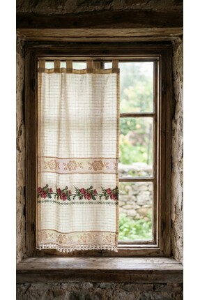 TUNCAY TEKSTİL KIRMIZI ARA VE UCU GÜL BİRİTLİ KANAVİÇELİ BULDAN BODRUM PERDES...