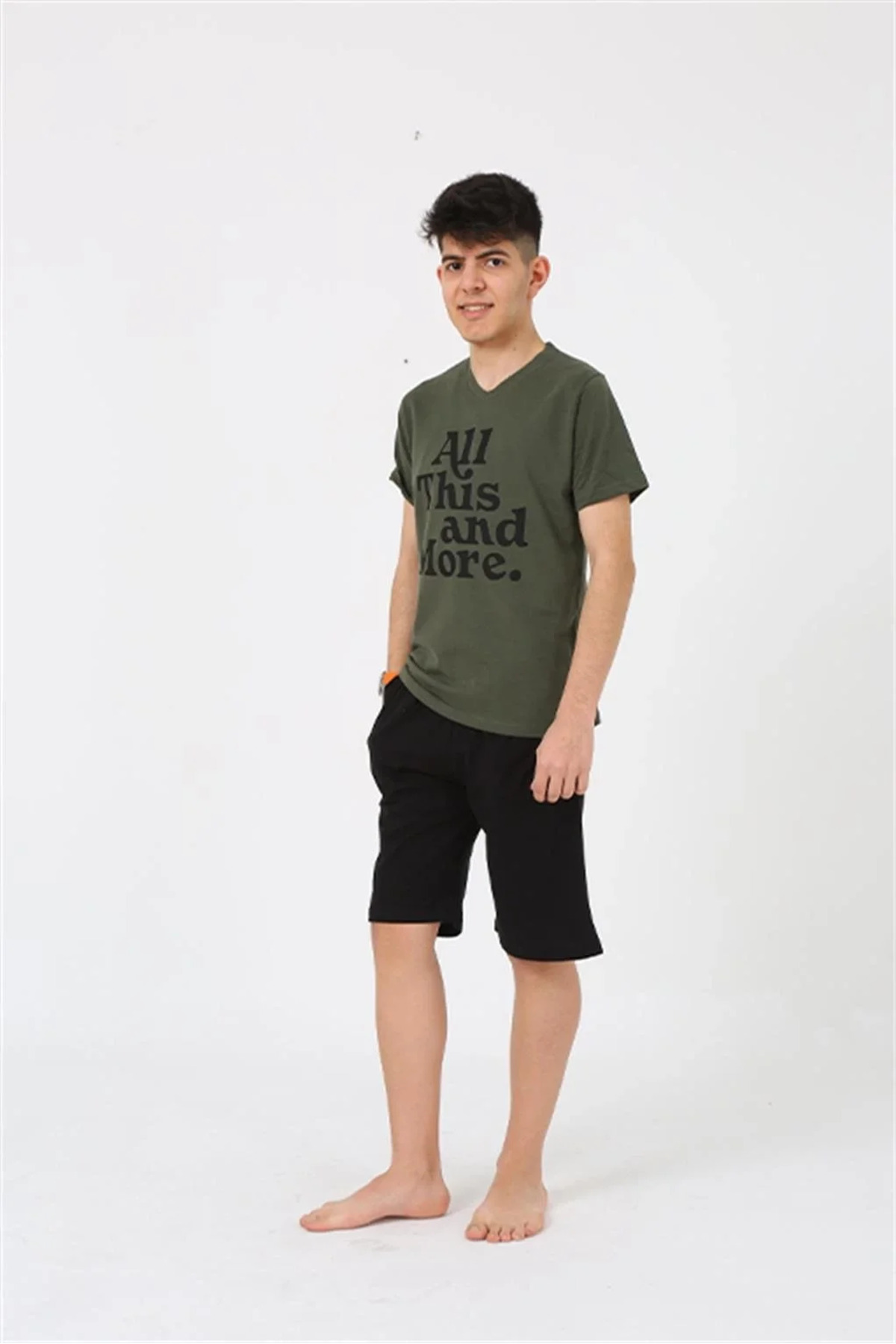 pilelistore Erkek Genç Garson Boy Kısa Kol Haki Penye Şortlu Pijama Takımı fotoğrafı 2 (önizleme)