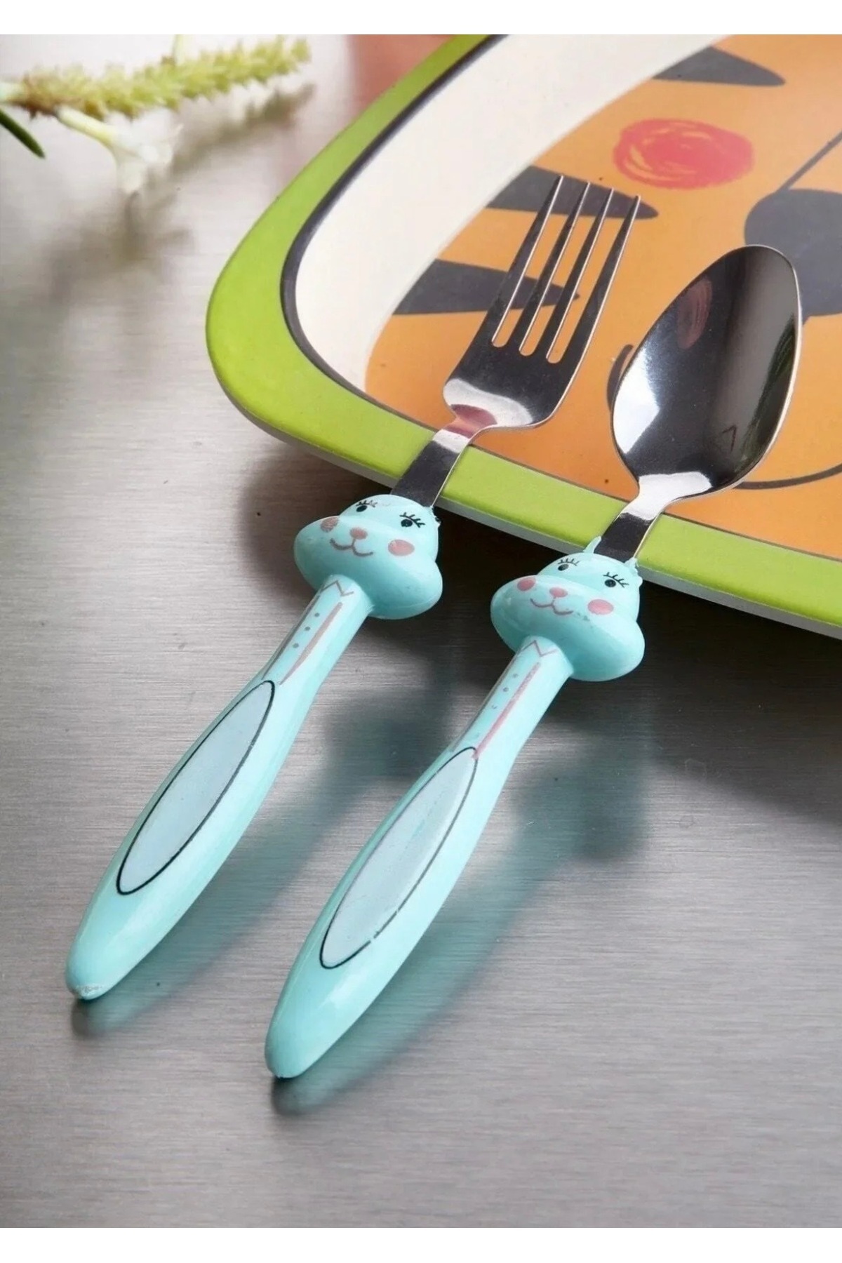 MorOflan Lüx 3 Parça Tavşan Figürlü Çocuk Çatal Kaşık Ve Mama Tabağı Seti [ MAVİ ] fotoğrafı 2 (önizleme)