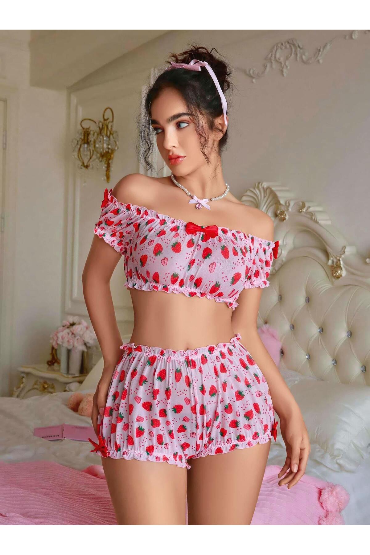 Dua Giyim Kadın Pembe Çilek Desenli Fantezi Şort takım 2156