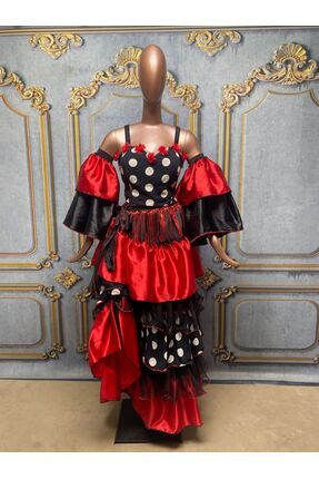 kostümland Kırmızı puantiyeli Gelin Roman Kıyafeti.