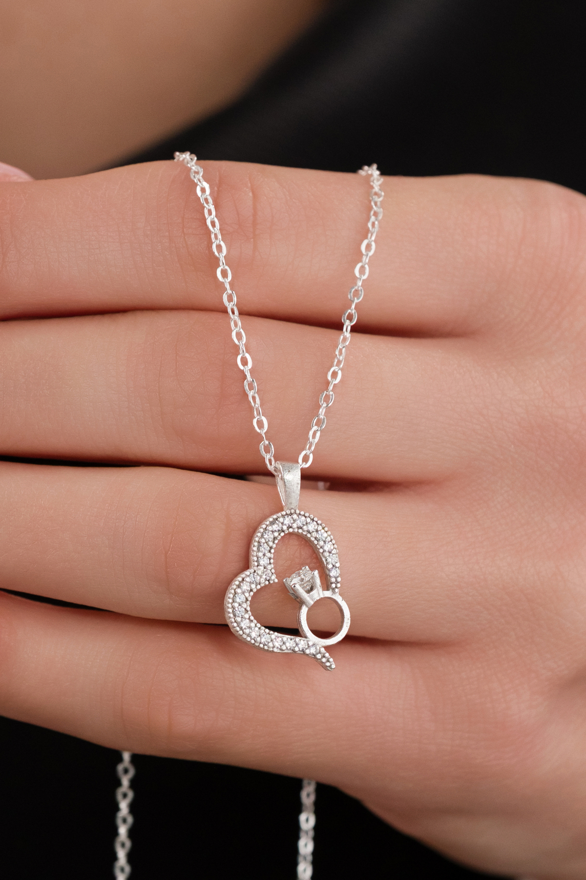 carrot silver Sevgililer Günü Hediyesi- 925 Ayar Gümüş Yüzüklü Kalp Kolye - Hediye Paketli