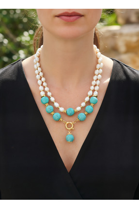 elinasaccessories İnci Turkuaz Kolye Kadın Altın Kaplama Bohem Etnik İkili Sı...