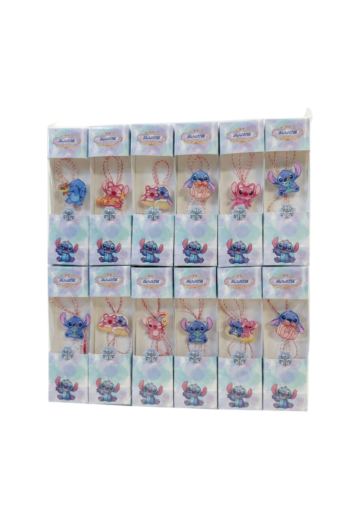 Set de 24 de martisoare de cauciuc pentru copii, 13x4 cm, personaj din desene animate Stich, Albastru/Roz