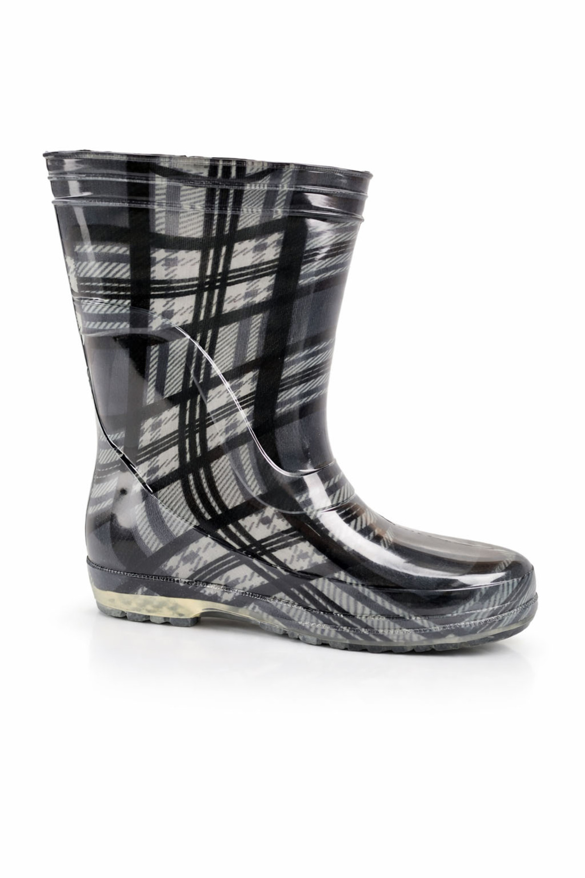 fafatara  Unisex Gri Ekose Desenli Su Geçirmez Yağmur ve Bahçe Çizmesi – Kaymaz Tabanlı PVC Bot