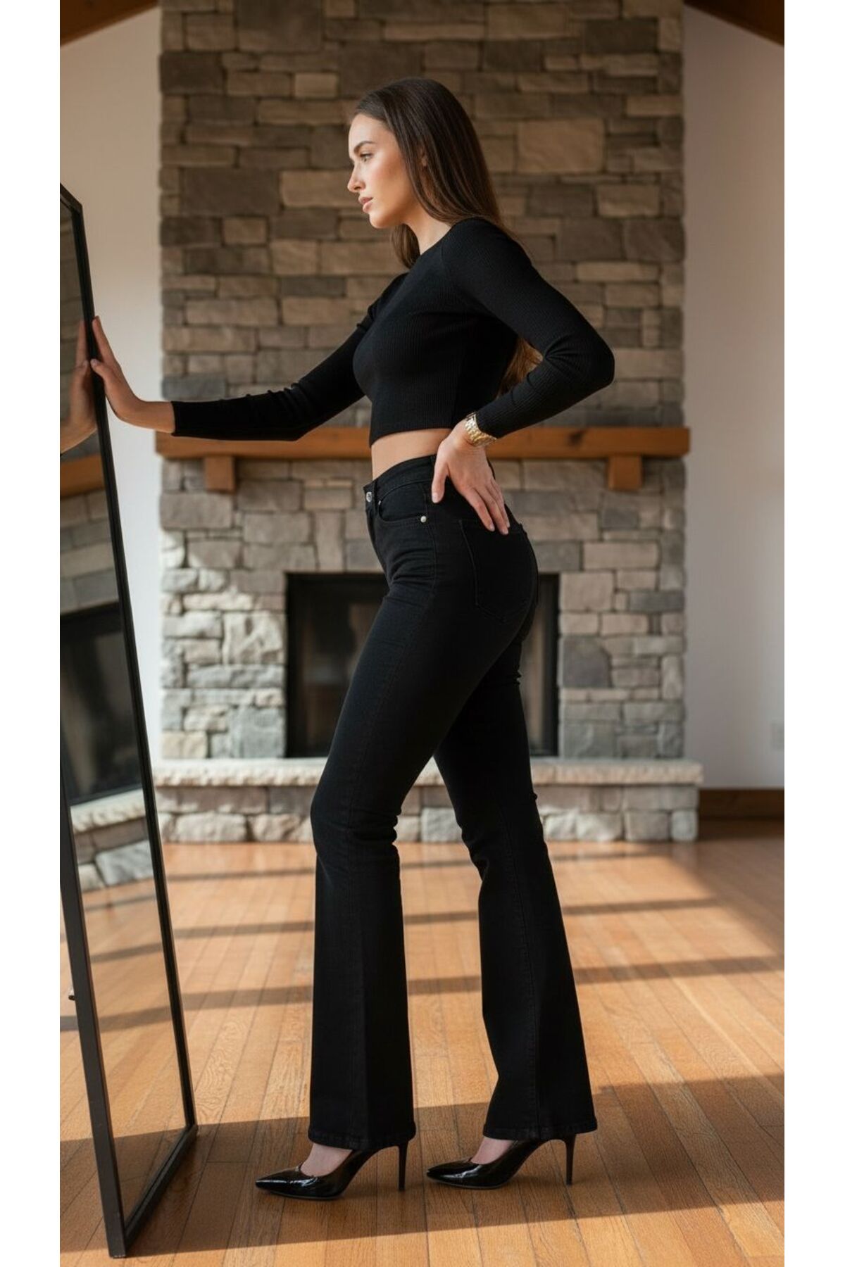 comfort jeans  Likralı Yüksek Bel Ispanyol Jeans Pantolon - Görsel 4