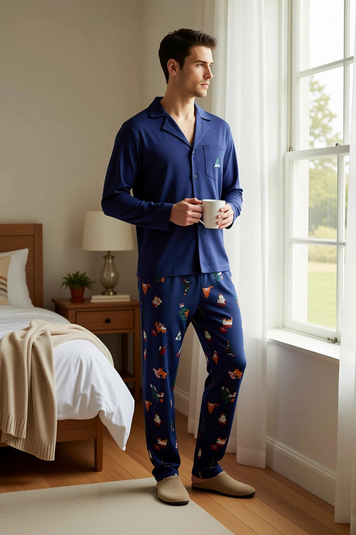 Erkek Bisiklet Yaka Uzun Kol Regular Fit Pijama Takımı Fonksiyonel Dayanıklı Şık %100 Pamuk