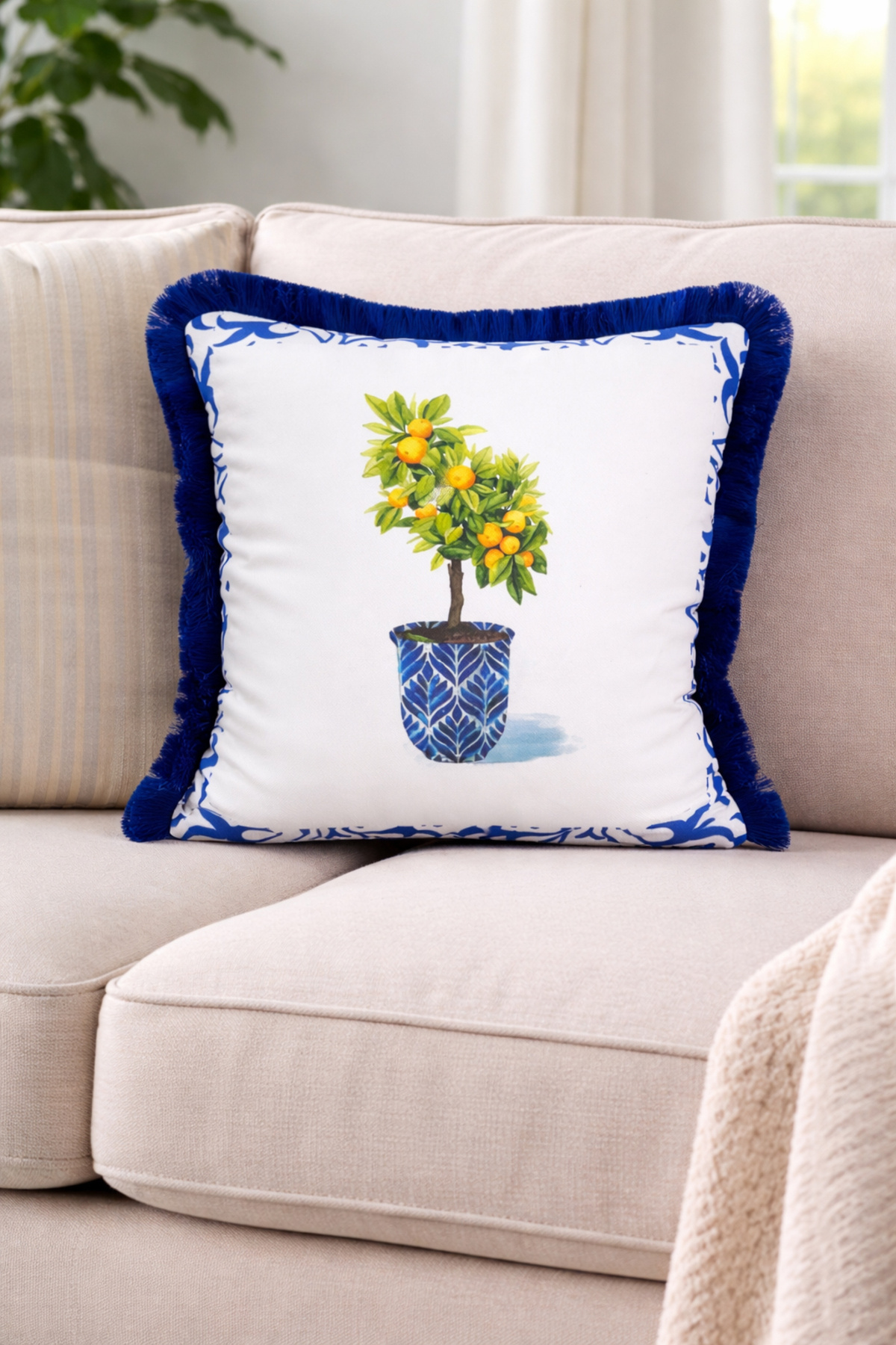 Blue Blanc Vase Pattern , Saxe Fringed Pillowcase 43x43 cm