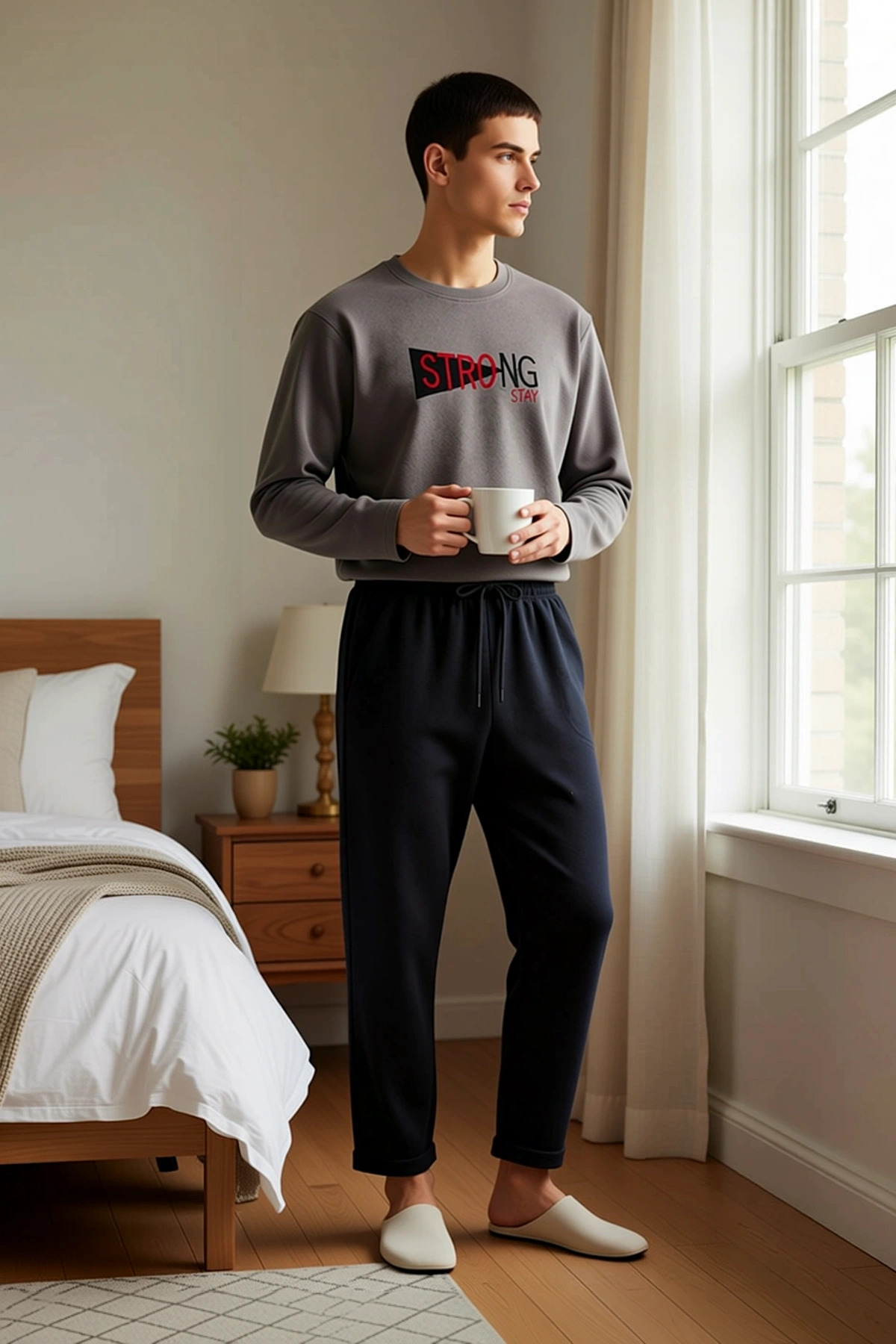 Erkek Bisiklet Yaka Standart Kol Regular Kalıp Polar Pijama Takımı Fonksiyonel Dayanıklı Şık