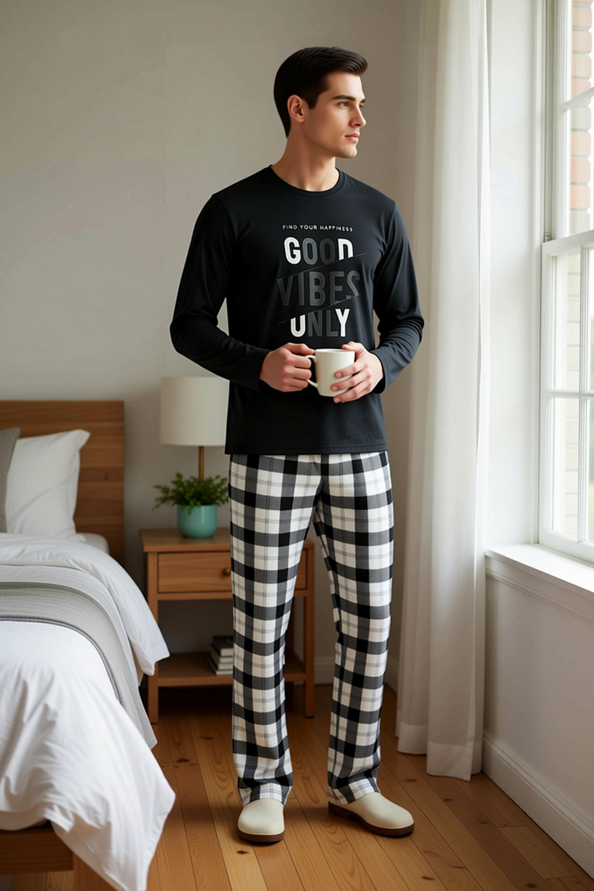 Erkek Bisiklet Yaka Standart Kol Ekose Baskılı Örme Pijama Takımı Fonksiyonel Şık %100 Pamuk