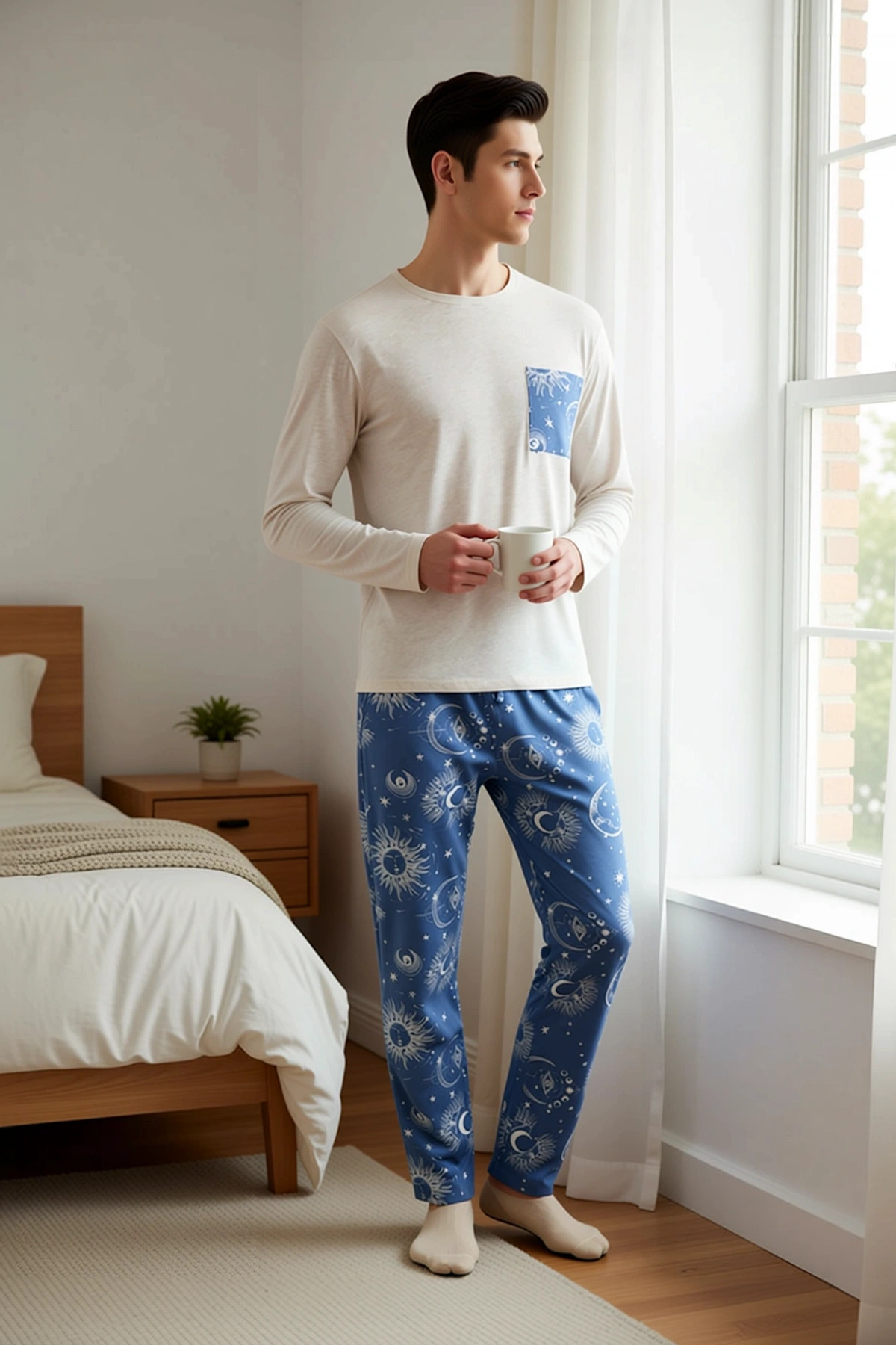 Erkek Bisiklet Yaka Standart Kol Regular Fit Pijama Takımı Fonksiyonel Kaliteli %100 Pamuk