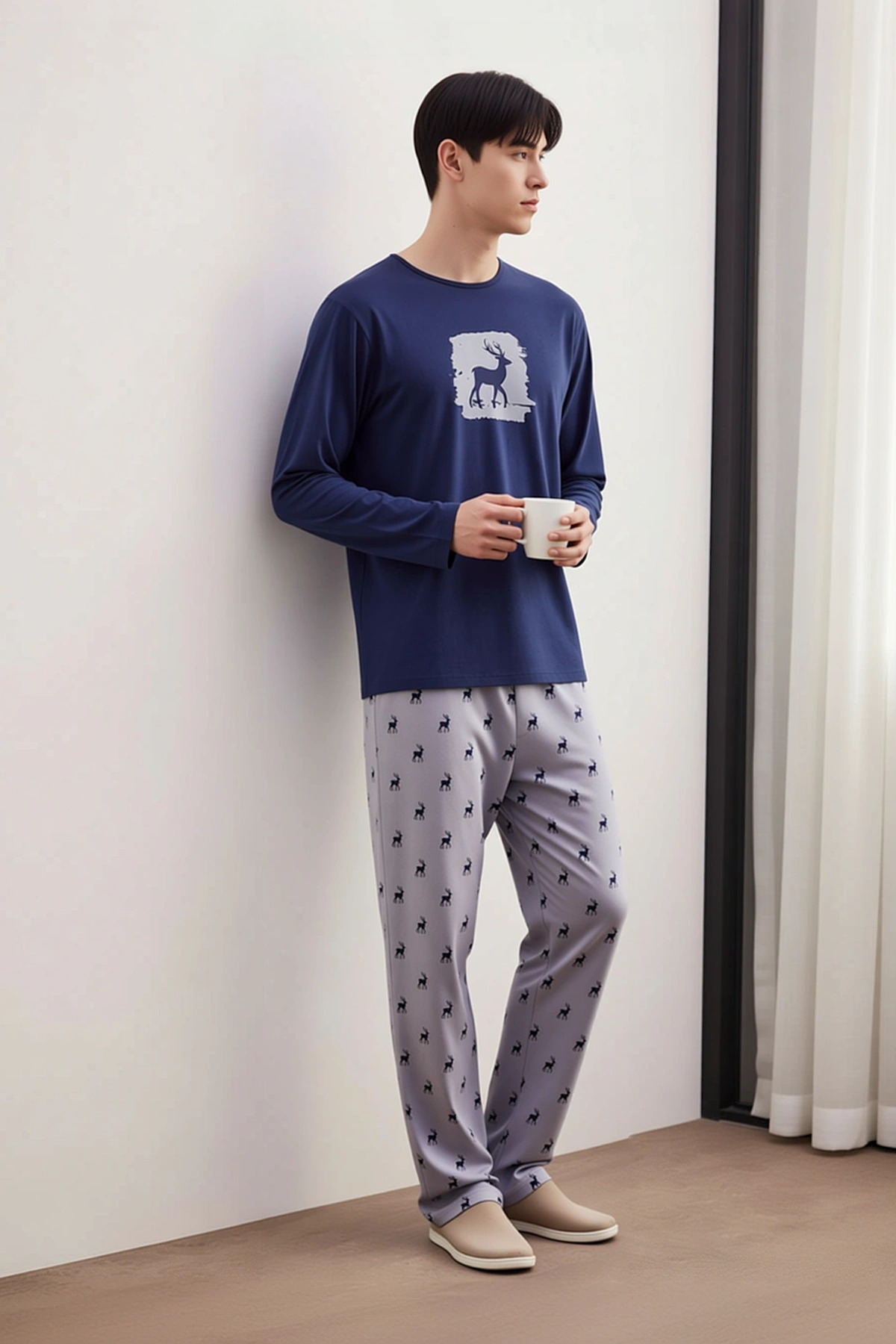 Erkek Bisiklet Yaka Uzun Kol Regular Fit Geyik Baskılı Pijama Takımı Fonksiyonel %100 Pamuk