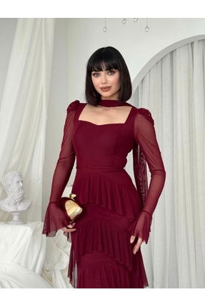 Dilek Vardar Kare Yaka Bordo Katlı Şal Detaylı Uzun Şifon Abiye Elbise