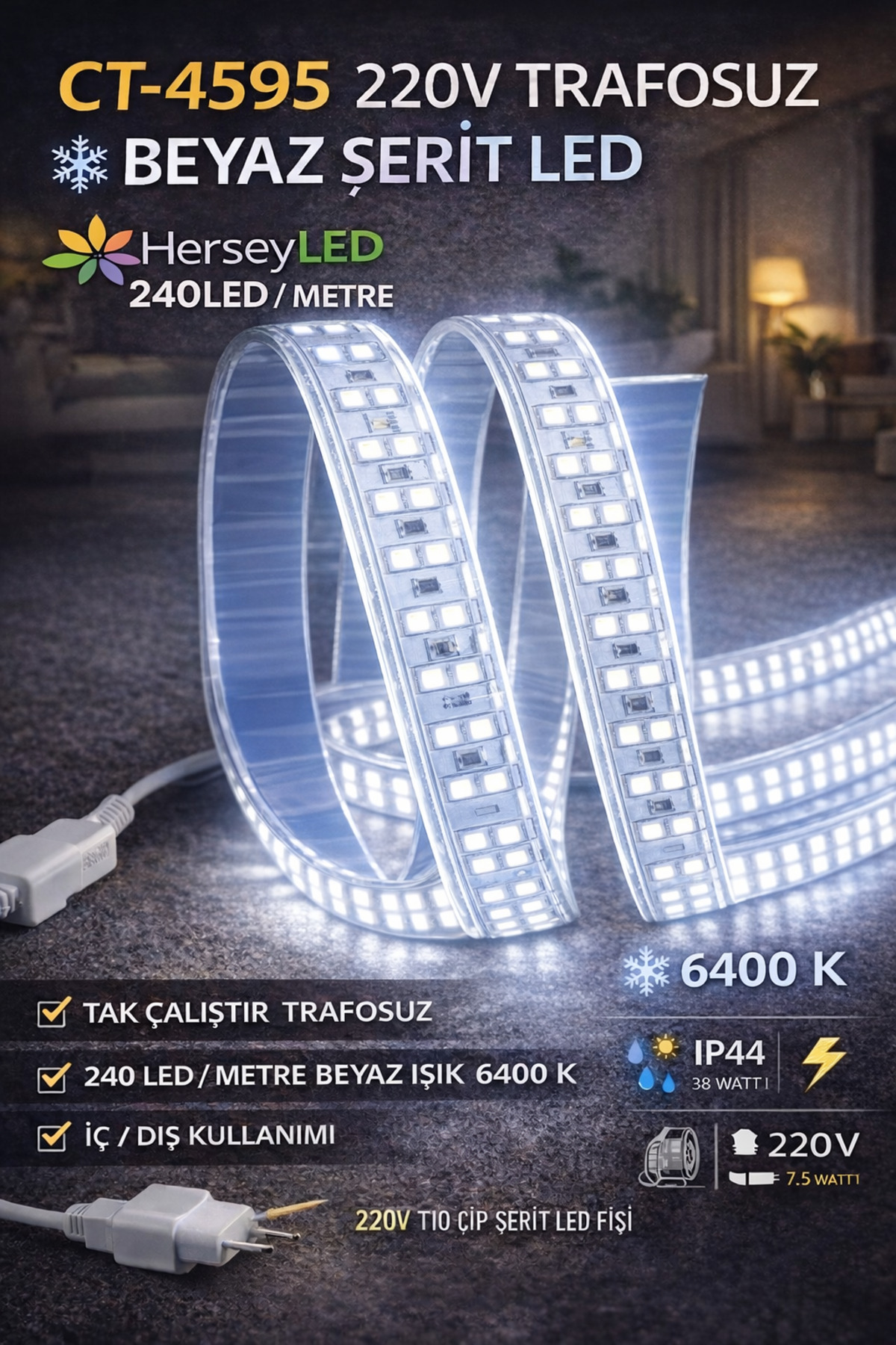 DMC 220V Trafosuz Yapışkanlı Dış Mekan Şerit LED – BEYAZ 3 m / 5 m