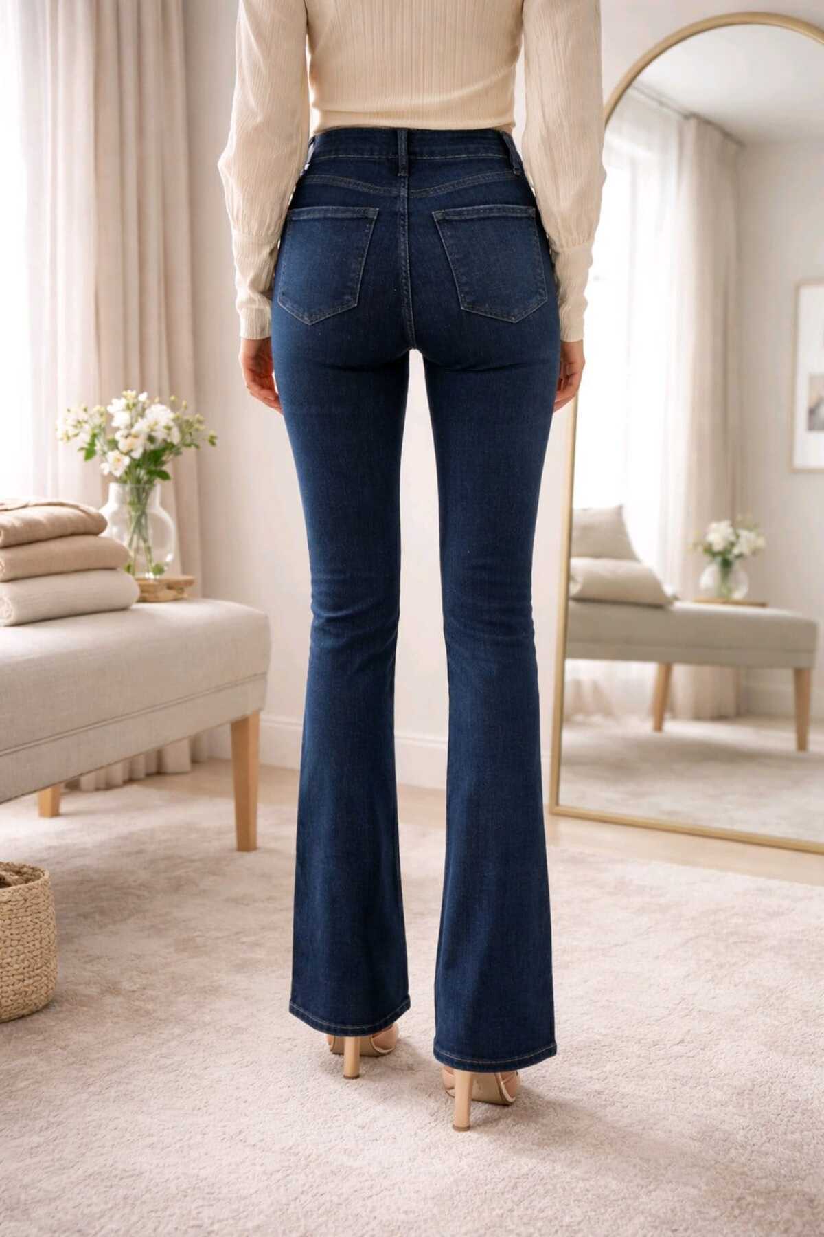 NWC  İspanyol Paça Flare Jeans Kot Pantolon Yüksek Bel Koyu Mavi Likralı (Yazlık İnce Kumas Süper Esnek) - Görsel 8