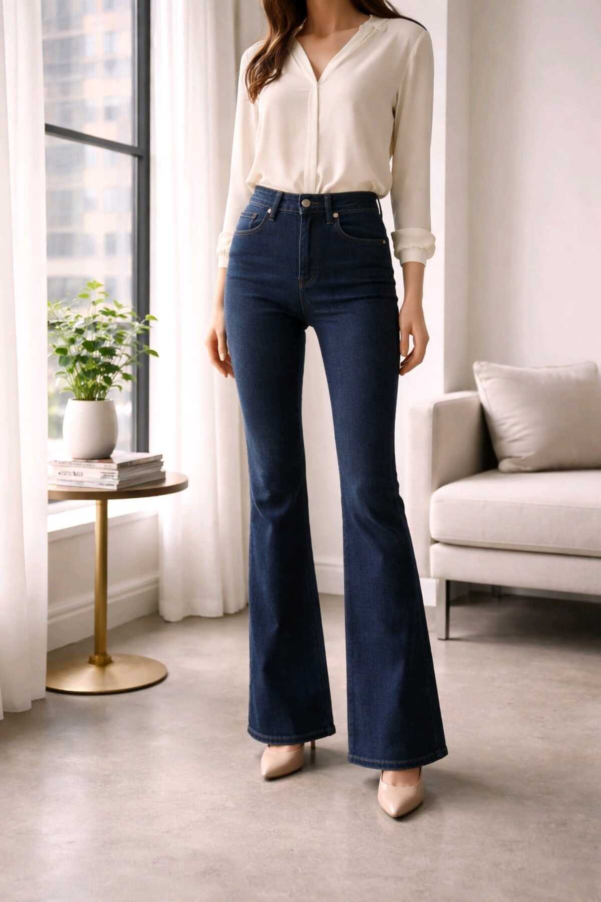 NWC  İspanyol Paça Flare Jeans Kot Pantolon Yüksek Bel Koyu Mavi Likralı (Yazlık İnce Kumas Süper Esnek) - Görsel 2