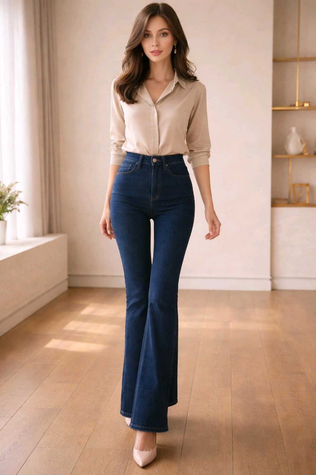 NWC  İspanyol Paça Flare Jeans Kot Pantolon Yüksek Bel Koyu Mavi Likralı (Yazlık İnce Kumas Süper Esnek) - Görsel 5