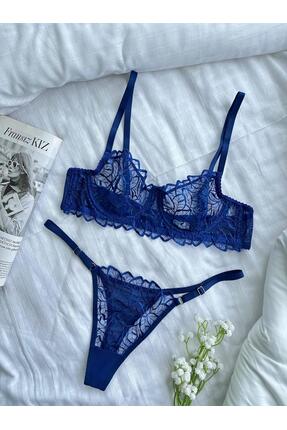 BTB UNDERWEAR Saks Mavisi Yaprak Desenli Fransız Dantel Detaylı Balenli İç Gi...