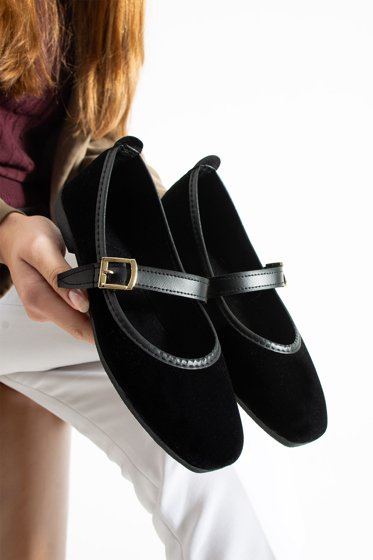 star shoes Kadın Siyah Tokalı Kadife Babet Günlük Rahat Ayakkabı