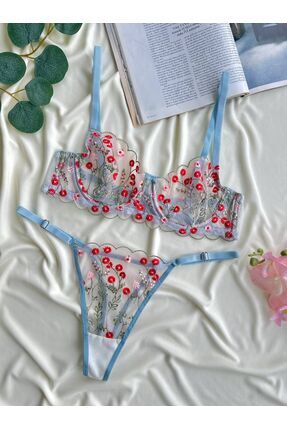BTB UNDERWEAR Bebe Mavisi Üzerine Kırmızı Gelincik Nakış İşlemeli Şeffaf Tül ...