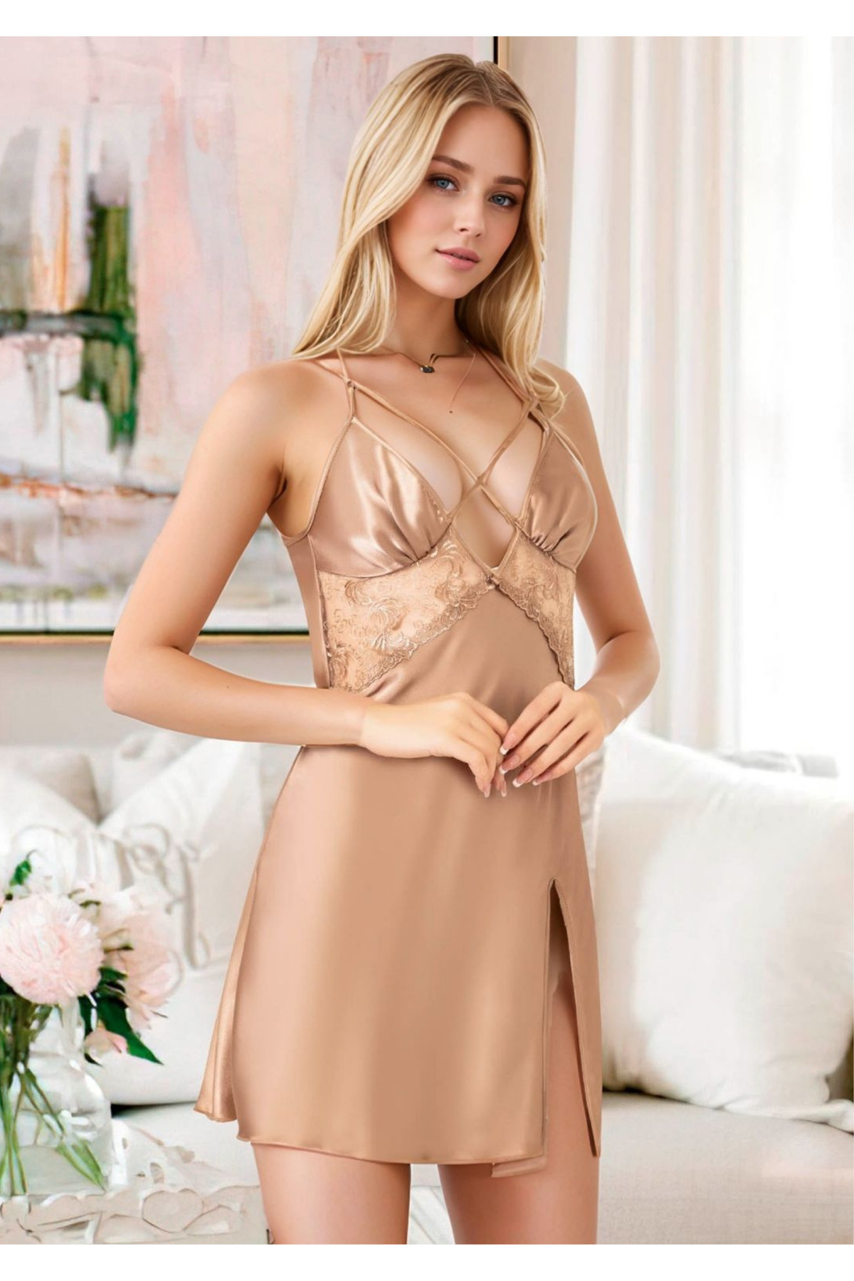 The Avenue Kadın Bronz Saten Gecelik Çapraz Şerit ve Dantel Detaylı Mini Gecelik