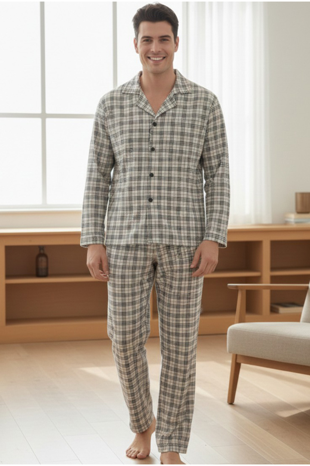 Siyah İnci gri ekoseli %100 Pamuklu Örme Düğmeli Pijama Takım 7985 görsel 2