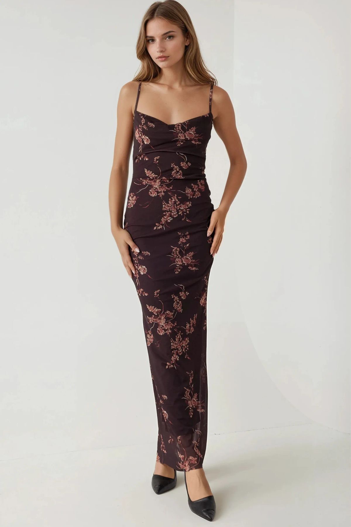 Hiccup  Degaje Yaka Desenli Maxi Tül Elbise - Görsel 5