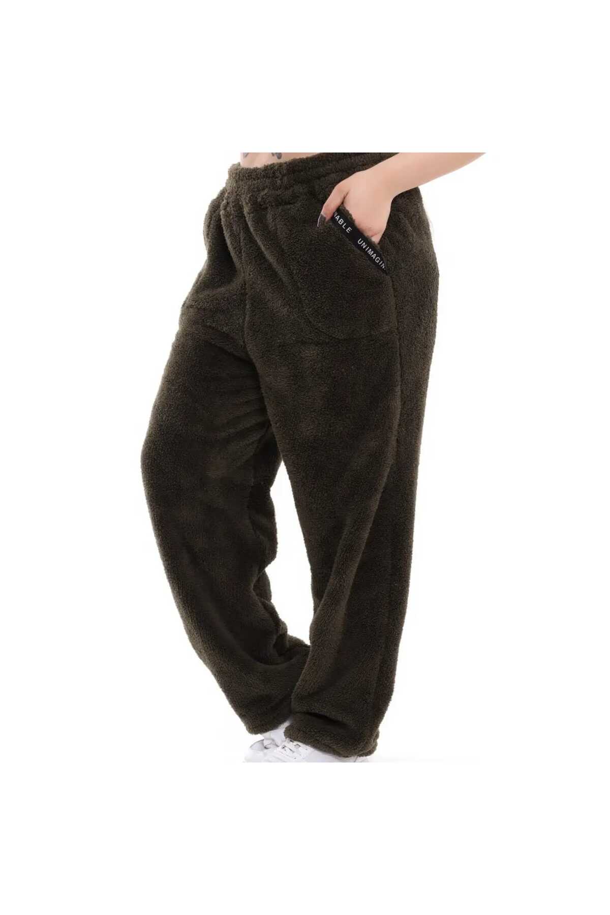 BİrHoşButik BÜYÜK BEDEN LİKRALI YUMUŞACIK CEPLİ RİBANALI FERMUARSIZ KIŞLIK TREND TREND PELUŞ POLAR EŞOFMAN ALTI