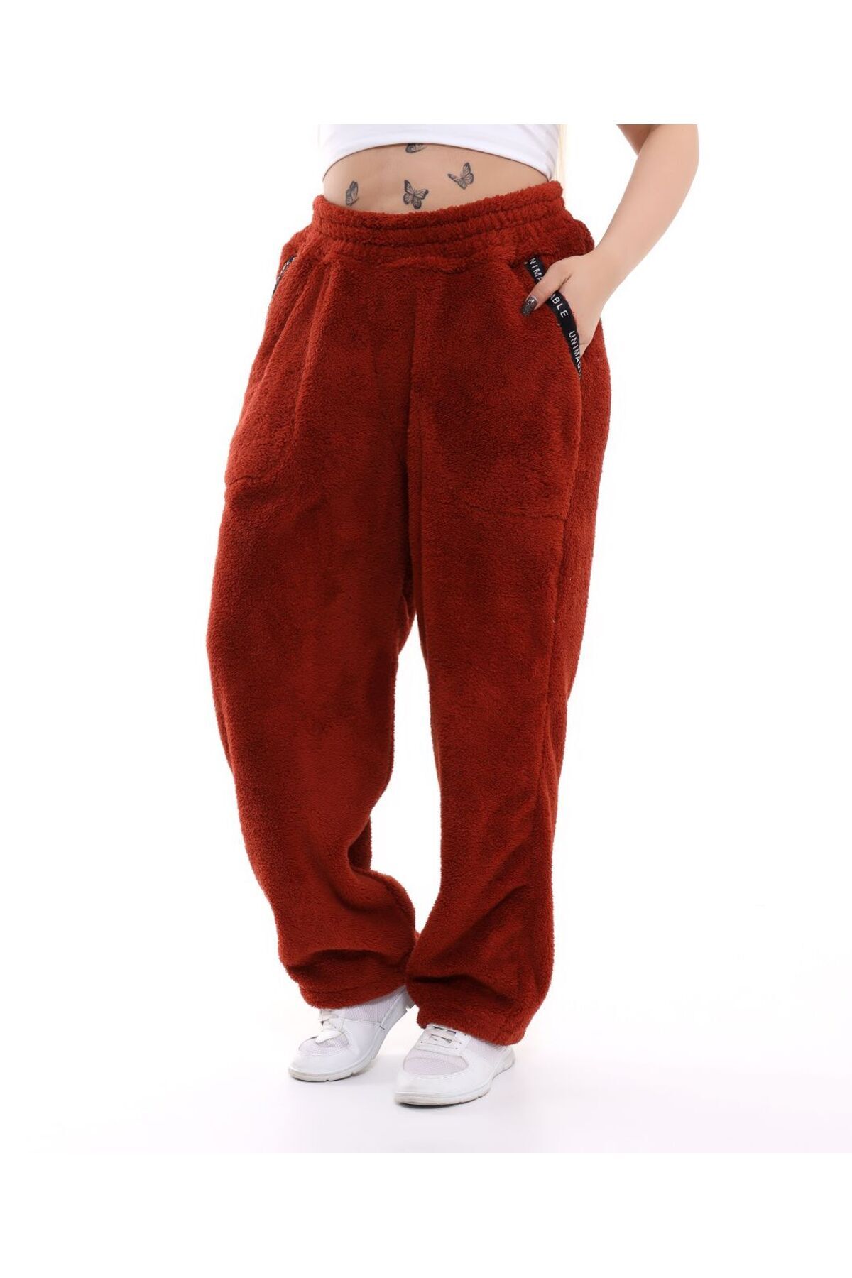 BİrHoşButik BÜYÜK BEDEN LİKRALI YUMUŞACIK CEPLİ RİBANALI FERMUARSIZ KIŞLIK TREND TREND PELUŞ POLAR EŞOFMAN ALTI