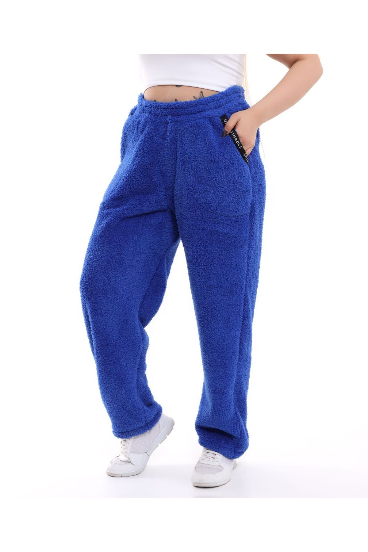 BİrHoşButik BÜYÜK BEDEN LİKRALI YUMUŞACIK CEPLİ RİBANALI FERMUARSIZ KIŞLIK TREND TREND PELUŞ POLAR EŞOFMAN ALTI