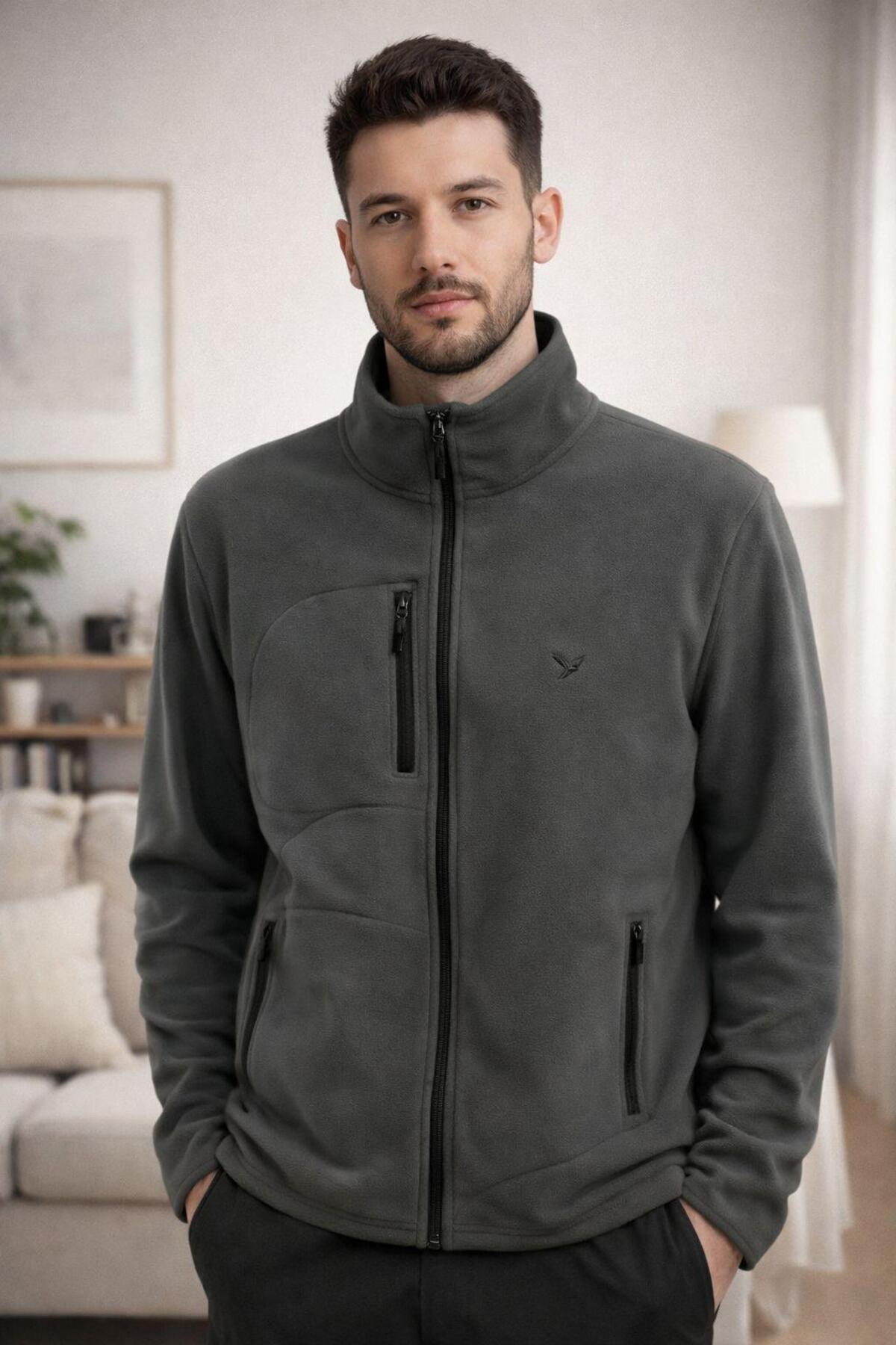 ERKEK FERMUARLI POLAR CEKET — خاکستری SCM-A70450