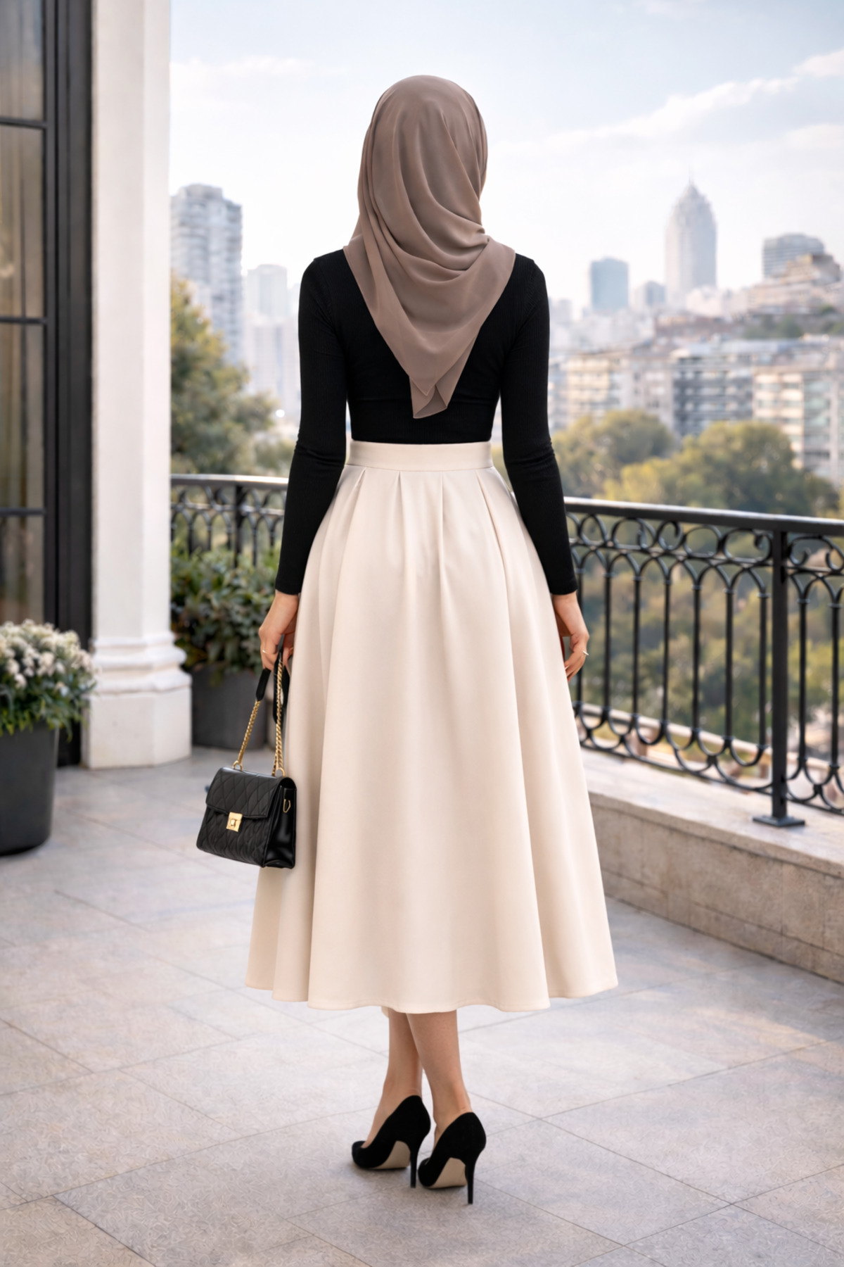 DeChival  Winmoda Double Kumaş Pileli Tesettür Etek Yarım Fermuarlı Yüksek Bel - Görsel 3