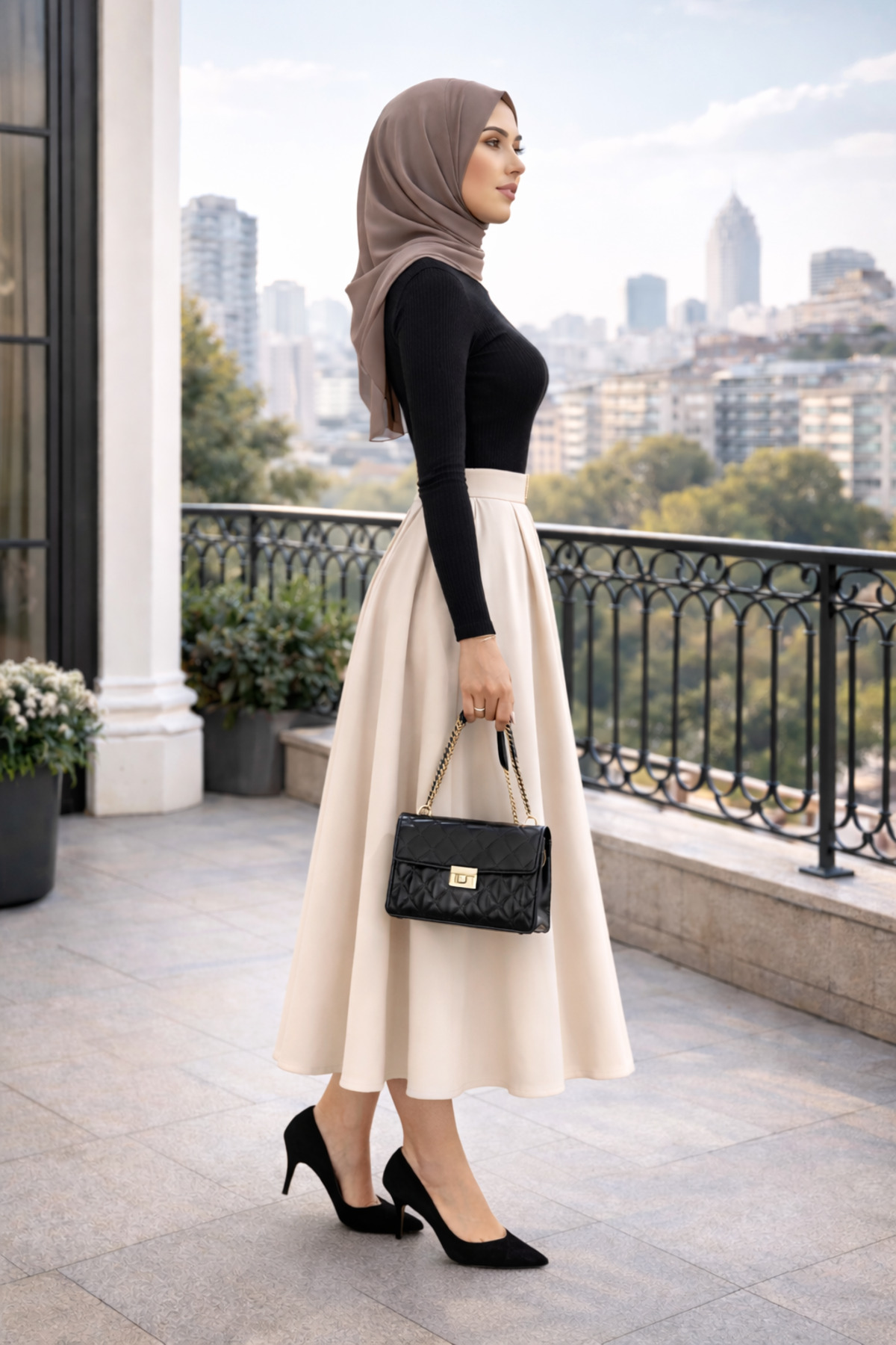 DeChival  Winmoda Double Kumaş Pileli Tesettür Etek Yarım Fermuarlı Yüksek Bel - Görsel 2