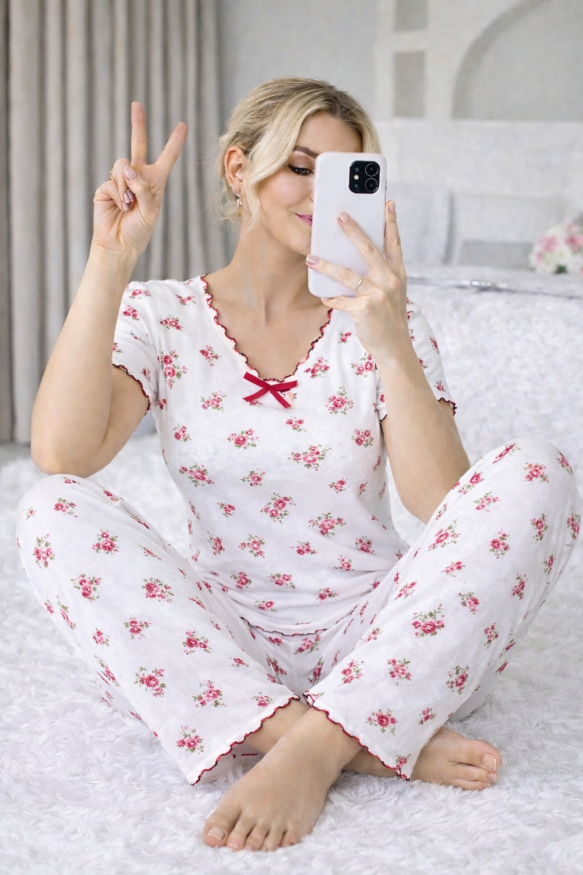 FORVENS Σετ πιτζάμες με κοντό μανίκι από βαμβάκι κοτλέ με σχέδιο φύλλων